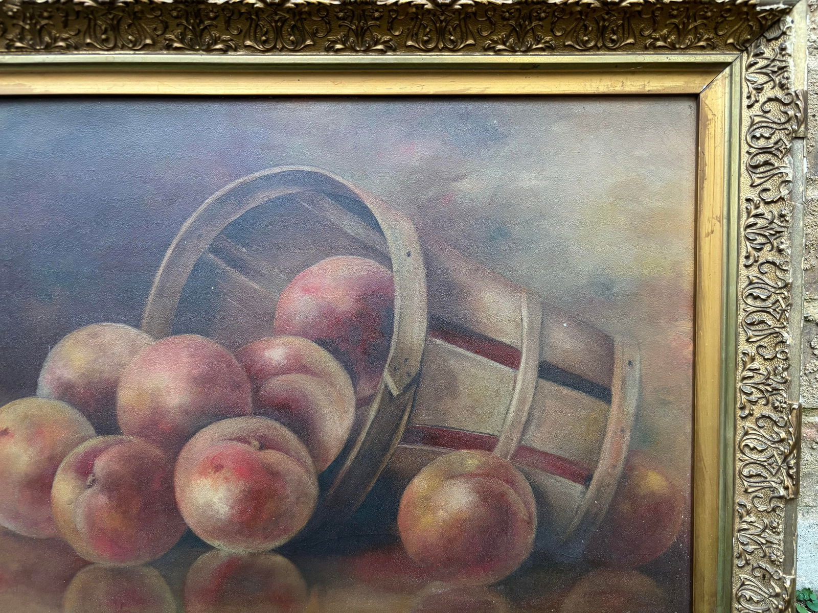 Vintage Barrel of Peaches Still Life Oil Painting, Framed - 2