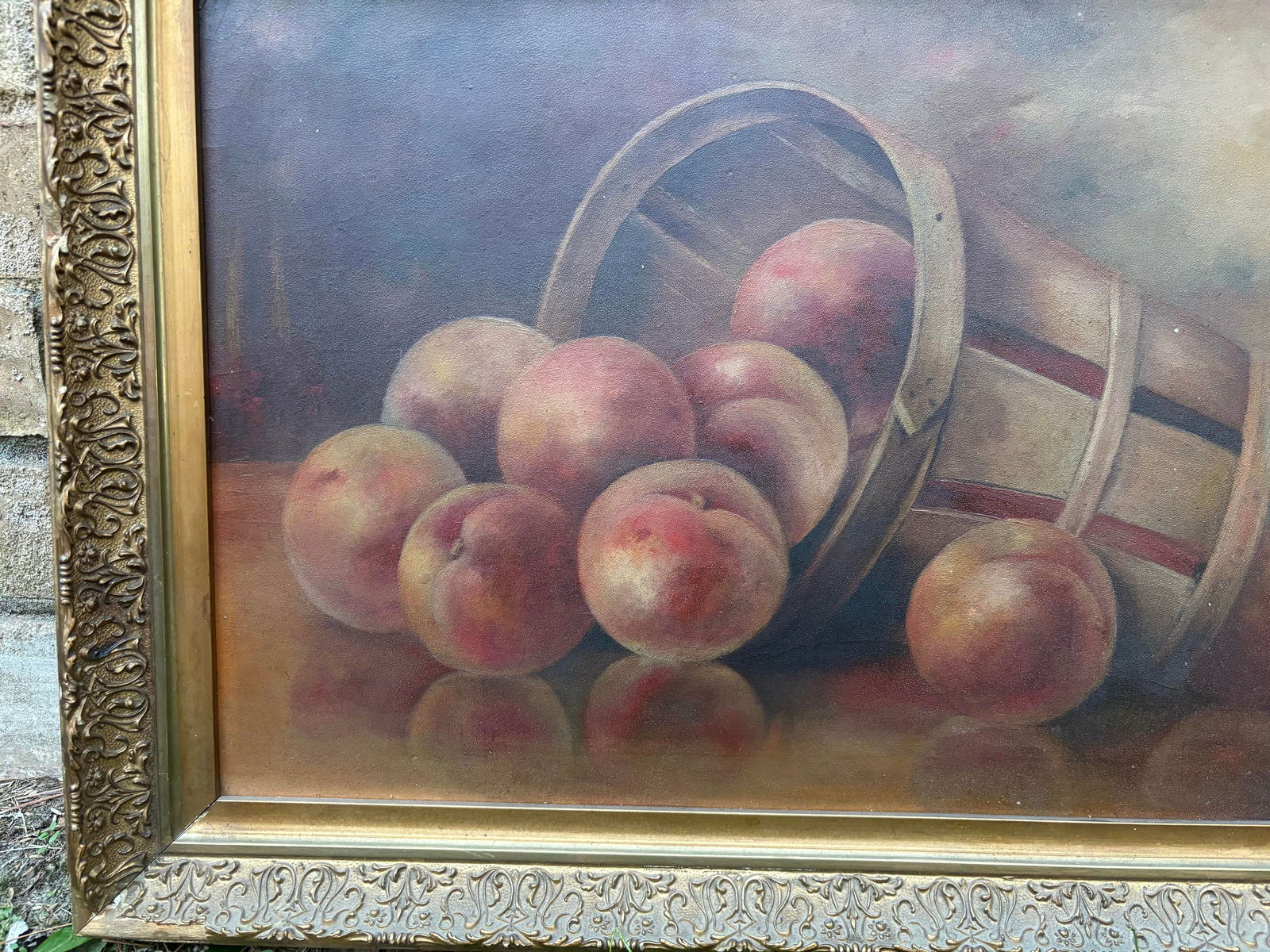 Vintage Barrel of Peaches Still Life Oil Painting, Framed - 3