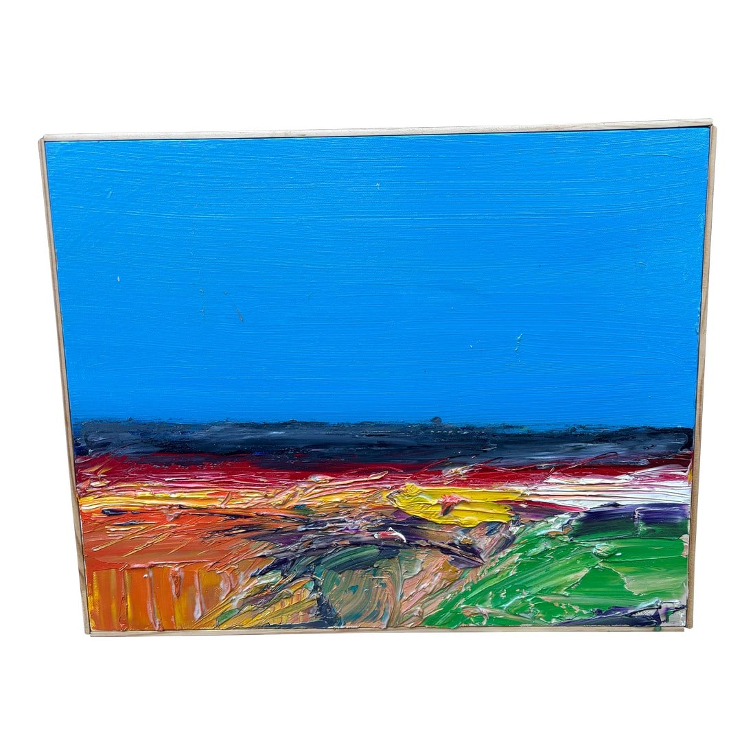 Field of Rest Vibrant Textured Abstract Landscape Oil Painting on Canvas by Robert Lackney: Get lost in the blue sky or in the beautiful movement across this piece with vibrant colors and striking textures. Includes Certificate of Authenticity. Condition: Alterations: Original Condition