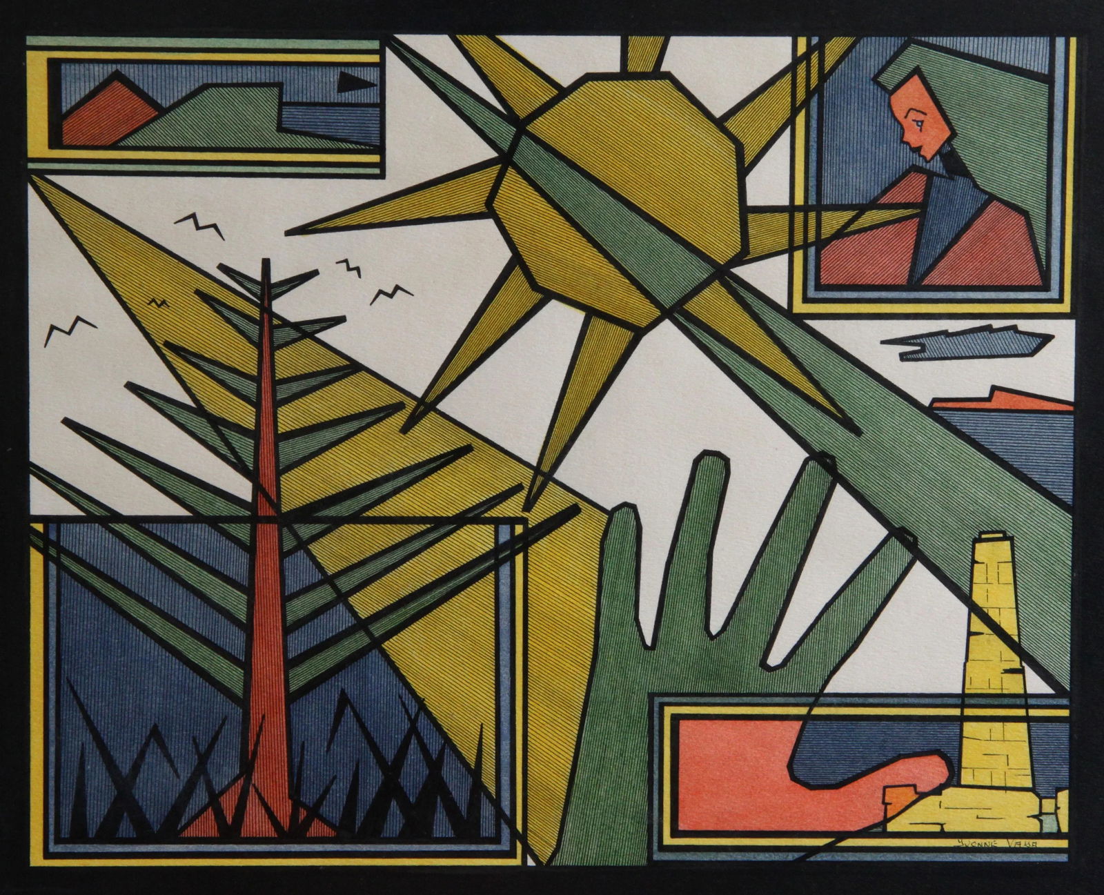 Vintage C.1975 Cubist Abstract Landscape Painting by Yvonne Vaya - 2