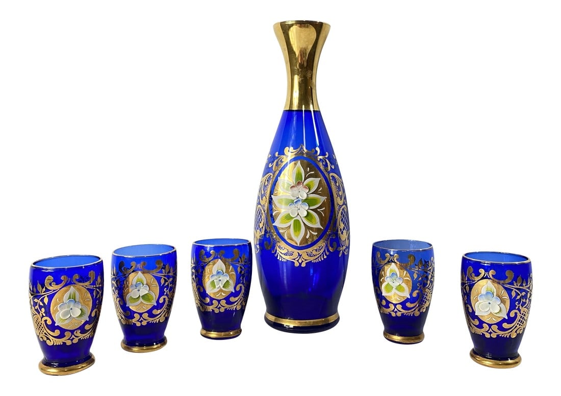 Antique 1900s Blue Glass Gold Flower Petal Leaf Decanter Mini Glasses Barware - Set of 6: Antique Set of 6 Glass Gold Flower Petal Leaf Decanter Mini Glasses Barware Blue Barware Set Couple of the flower petals are chipped on the glasses. View all photos as they are part of the