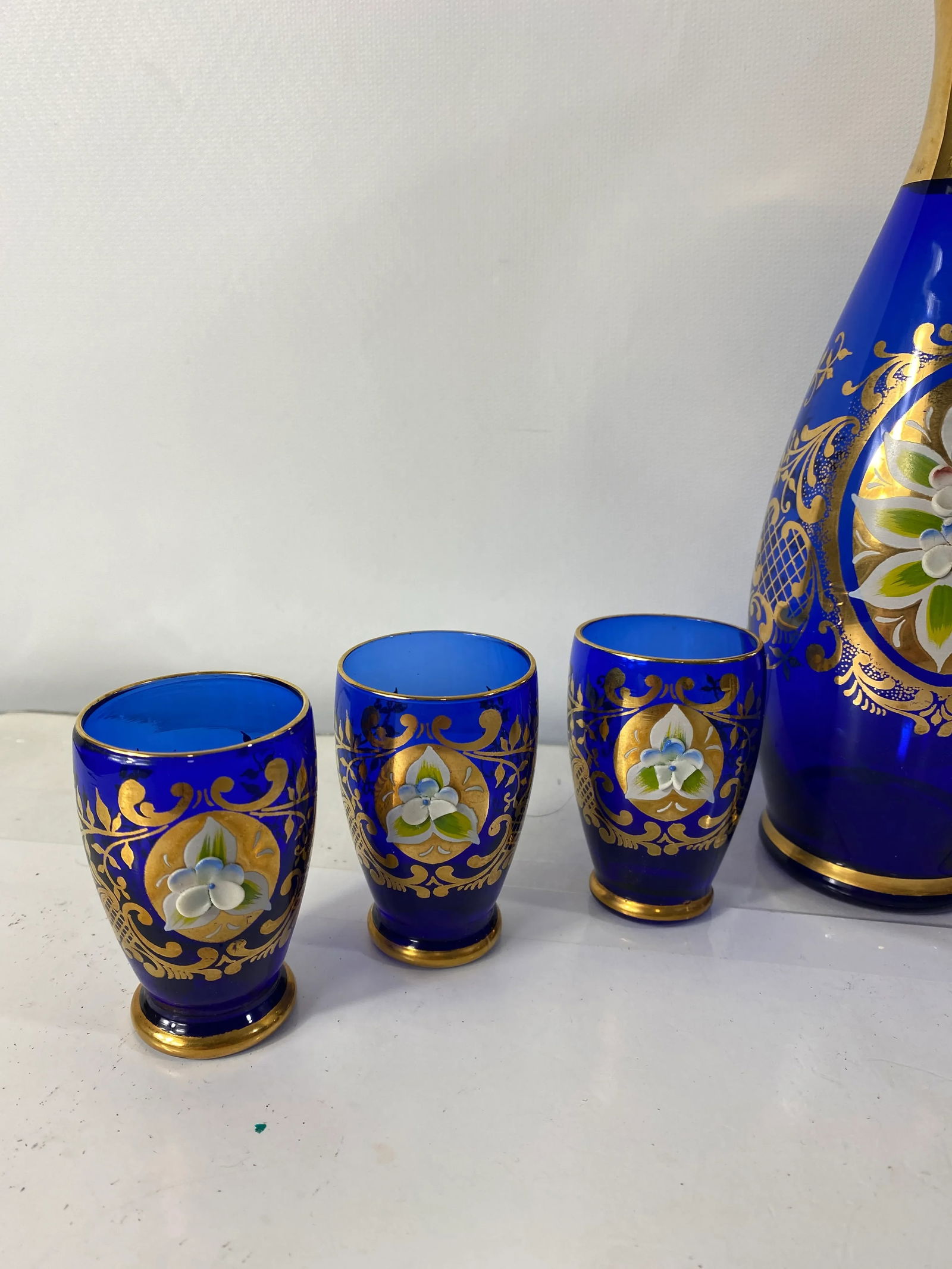 Antique 1900s Blue Glass Gold Flower Petal Leaf Decanter Mini Glasses Barware - Set of 6 - 2