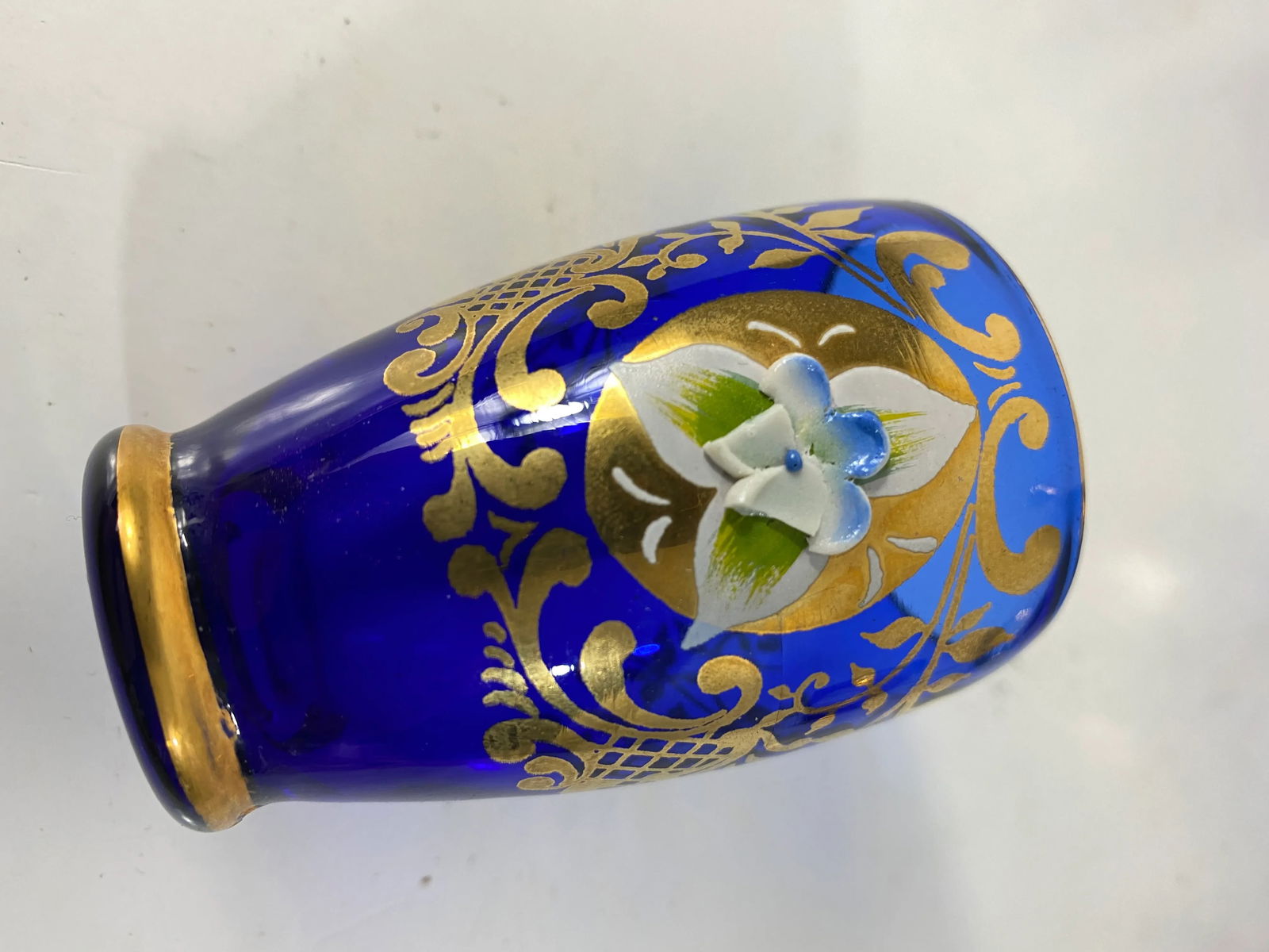 Antique 1900s Blue Glass Gold Flower Petal Leaf Decanter Mini Glasses Barware - Set of 6 - 3