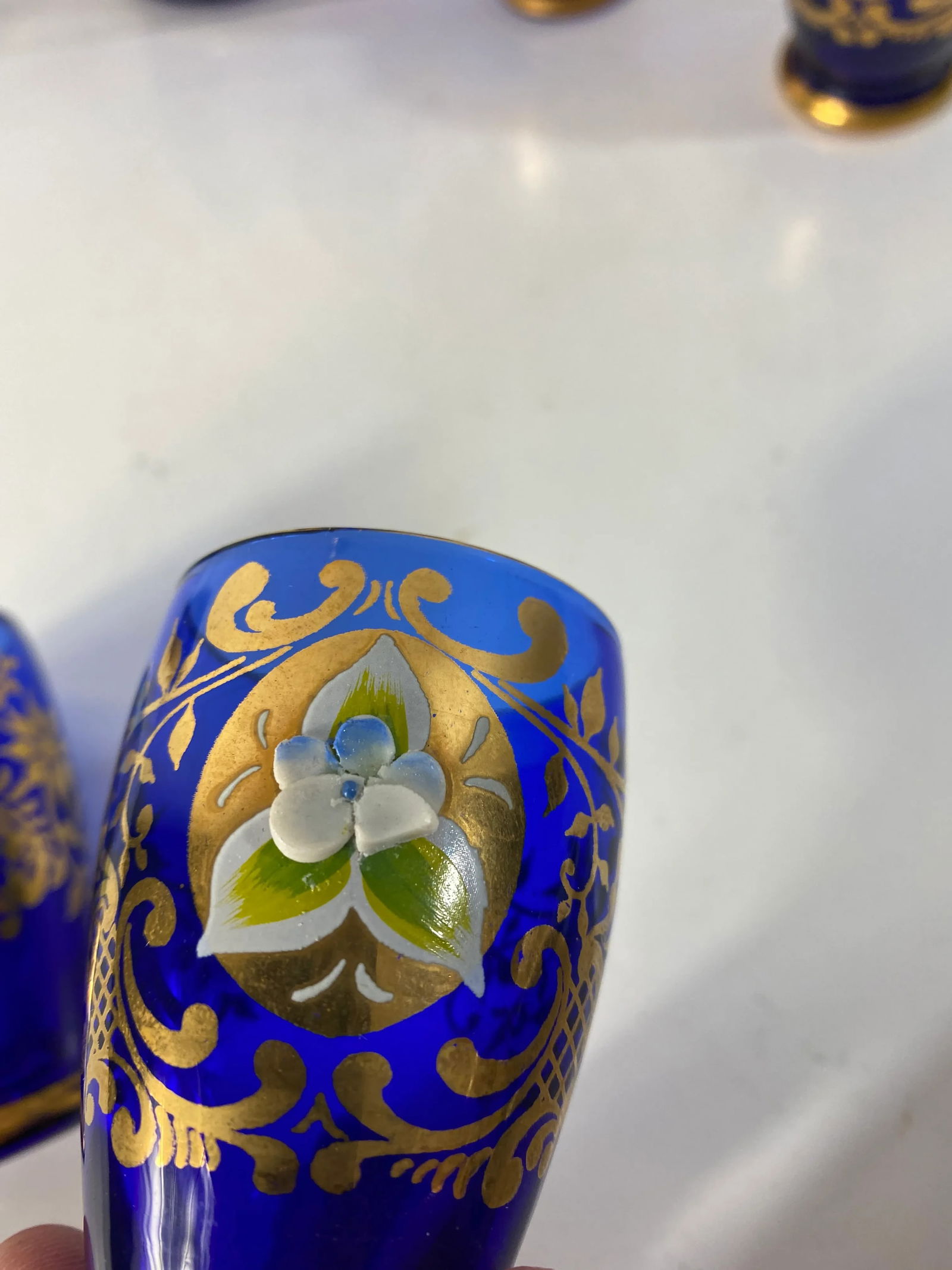 Antique 1900s Blue Glass Gold Flower Petal Leaf Decanter Mini Glasses Barware - Set of 6 - 4