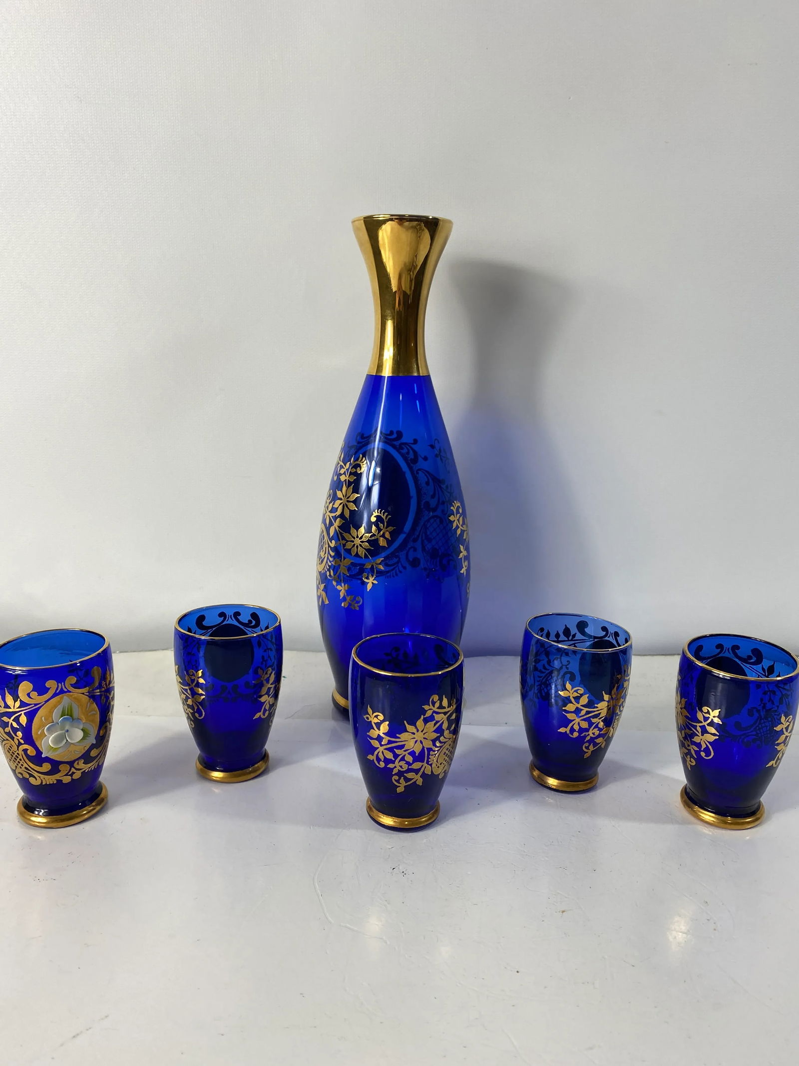 Antique 1900s Blue Glass Gold Flower Petal Leaf Decanter Mini Glasses Barware - Set of 6 - 5