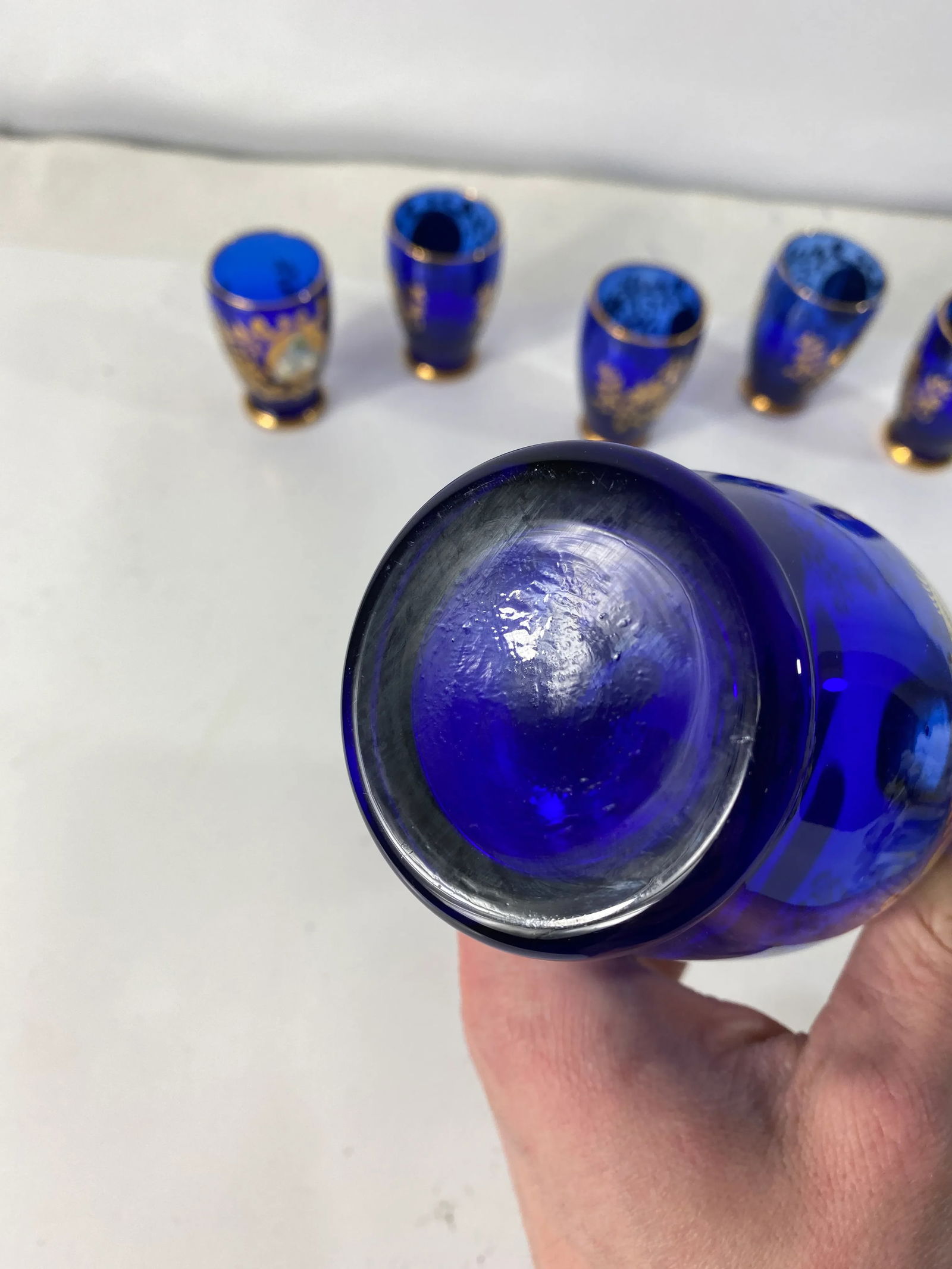 Antique 1900s Blue Glass Gold Flower Petal Leaf Decanter Mini Glasses Barware - Set of 6 - 6