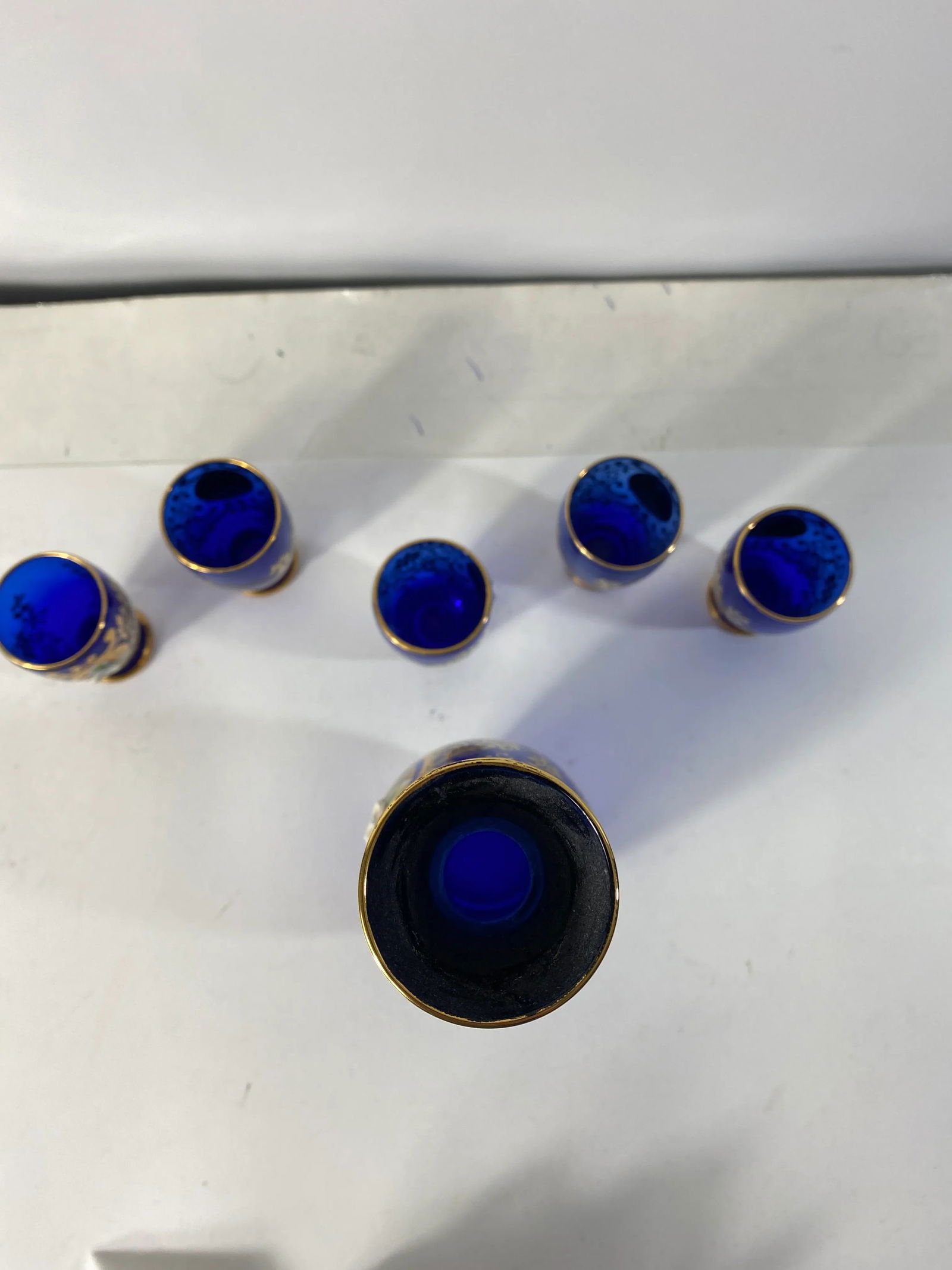 Antique 1900s Blue Glass Gold Flower Petal Leaf Decanter Mini Glasses Barware - Set of 6 - 7