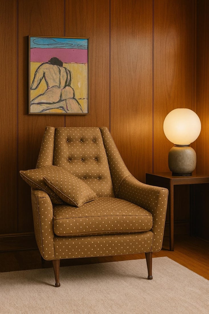 1960s Midcentury Modern Wingback Tufted Upholstered Chair With Two Pillows - 2