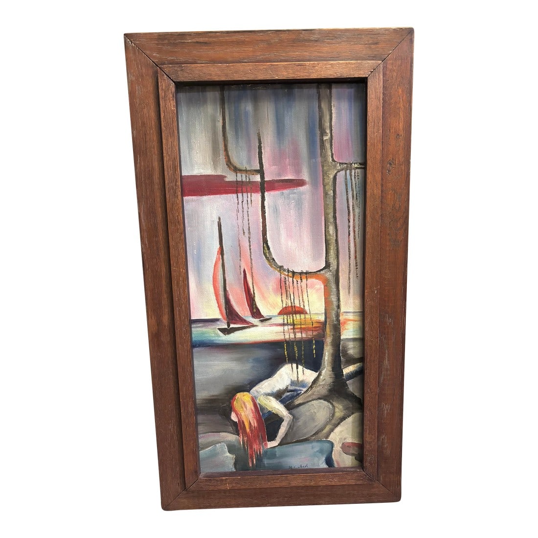 Midcentury Surrealist Painting of Crawling Woman by the Ocean With Sailboats, Framed: The piece blends dreamlike imagery with coastal serenity, evoking mystery, movement, and emotion in every brushstroke. Its soft yet striking palette and surreal composition make it a stunning focal