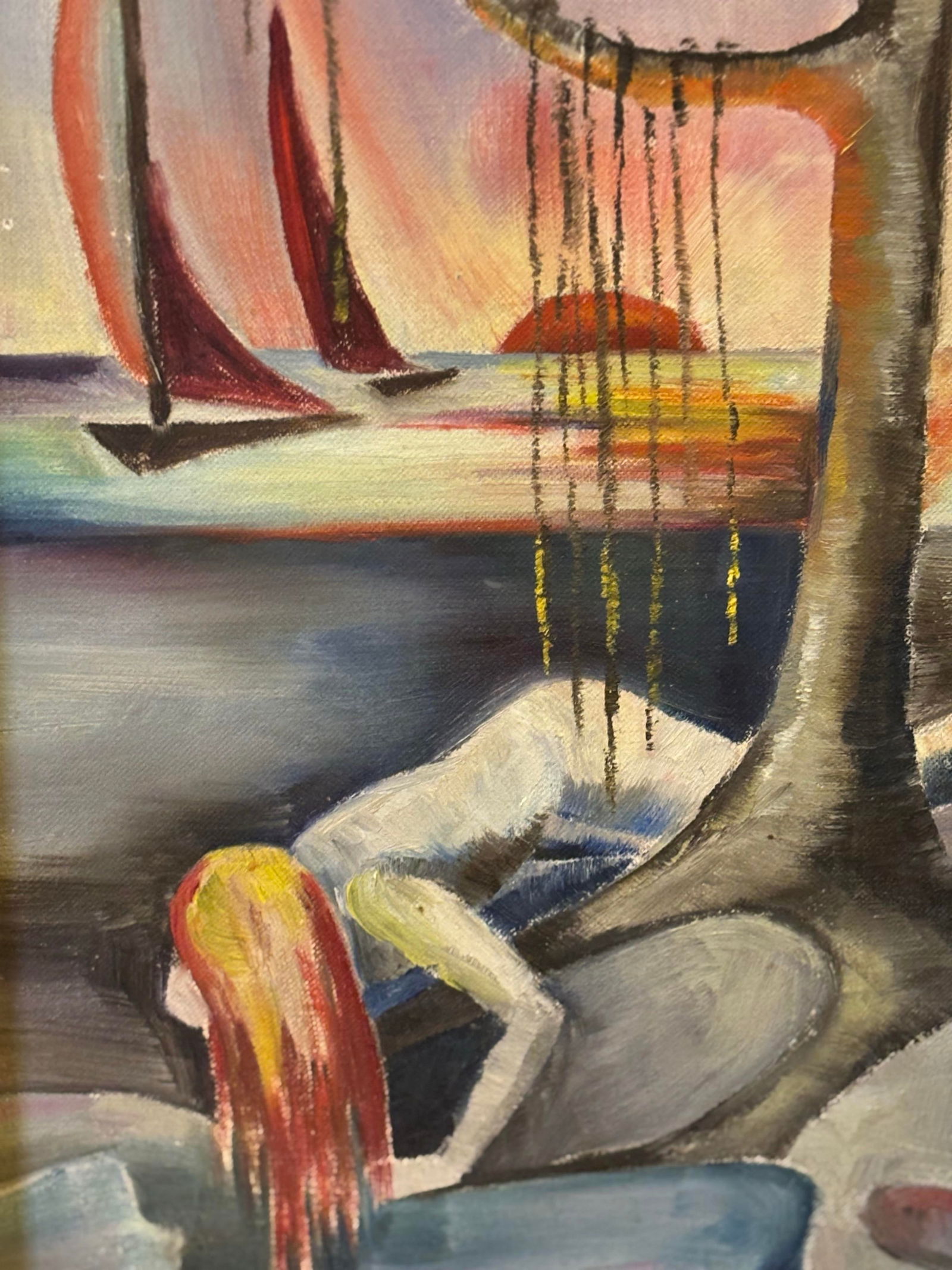 Midcentury Surrealist Painting of Crawling Woman by the Ocean With Sailboats, Framed - 2