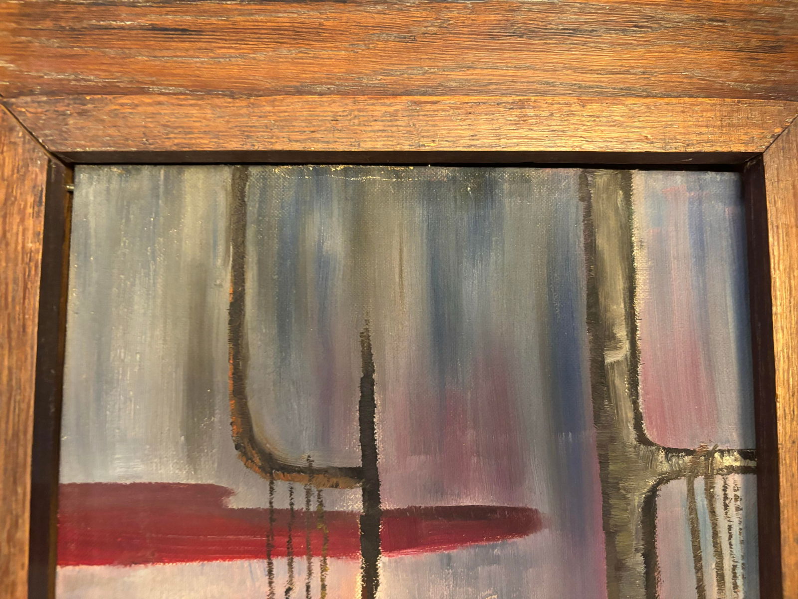 Midcentury Surrealist Painting of Crawling Woman by the Ocean With Sailboats, Framed - 3