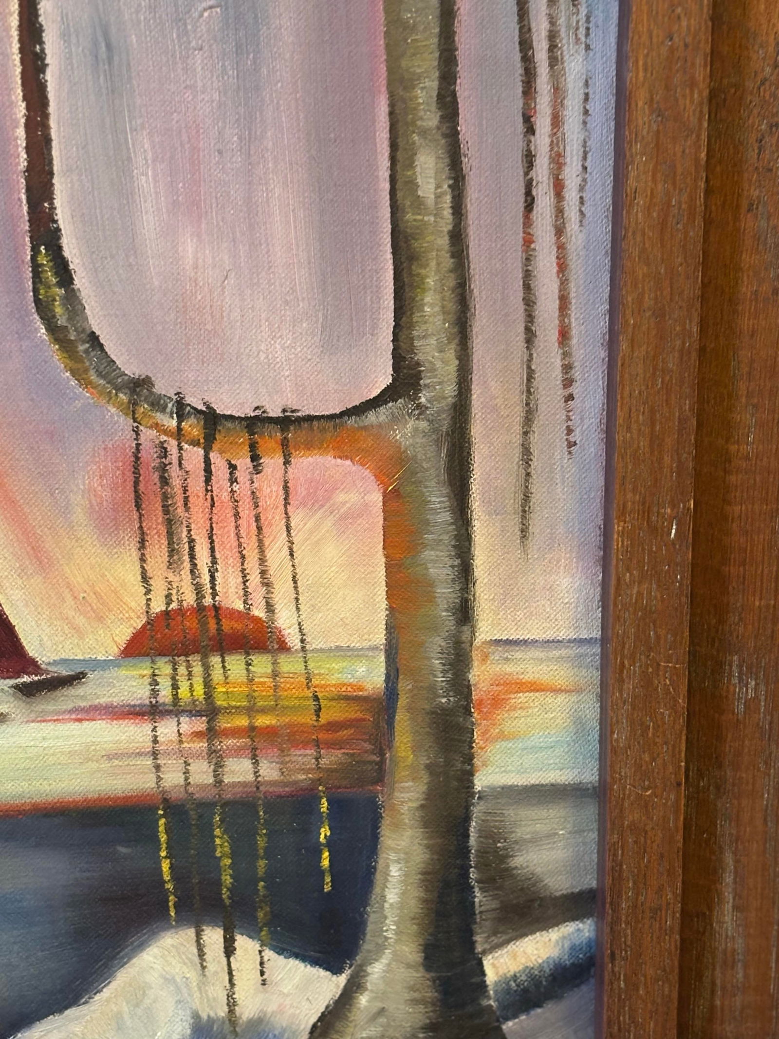 Midcentury Surrealist Painting of Crawling Woman by the Ocean With Sailboats, Framed - 4