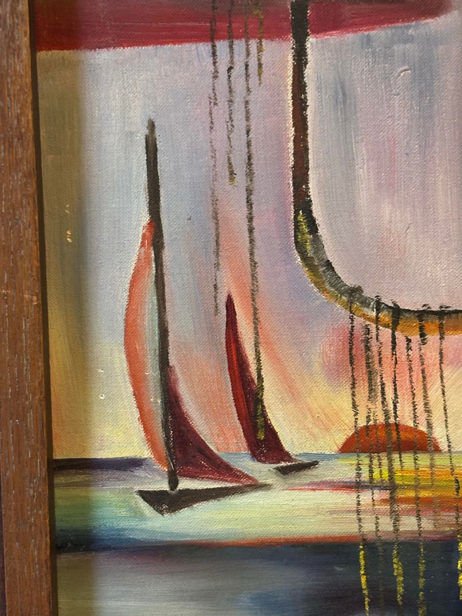 Midcentury Surrealist Painting of Crawling Woman by the Ocean With Sailboats, Framed - 5