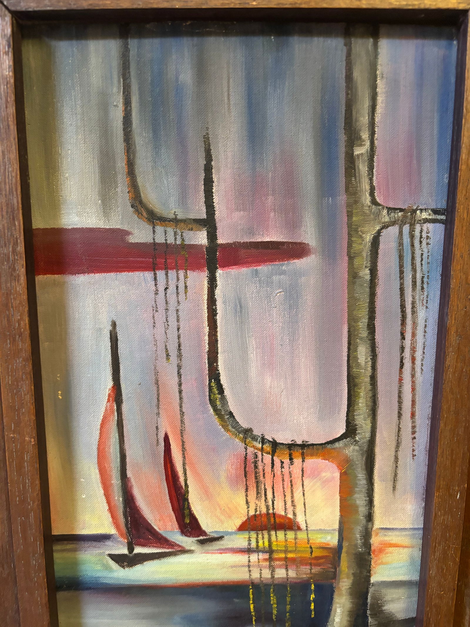 Midcentury Surrealist Painting of Crawling Woman by the Ocean With Sailboats, Framed - 6