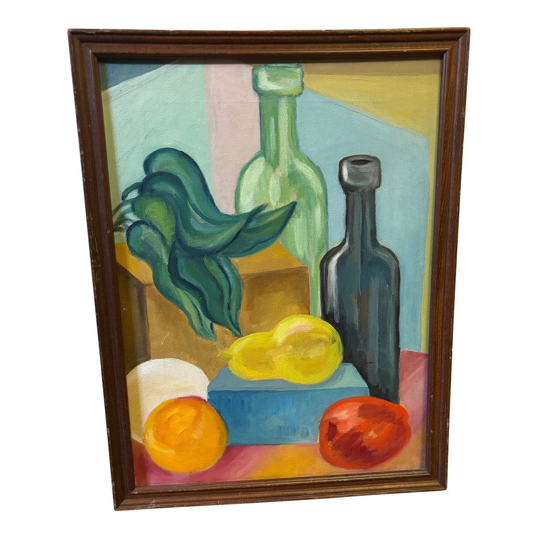 Midcentury Vibrant Colorful Still Life Oil Painting of Bottles and Fruit: Add a burst of color and charm to your space with this Midcentury Vibrant Still Life Painting of Bottles and Fruit. Rich in texture and bold hues, the composition captures the playful sophistication