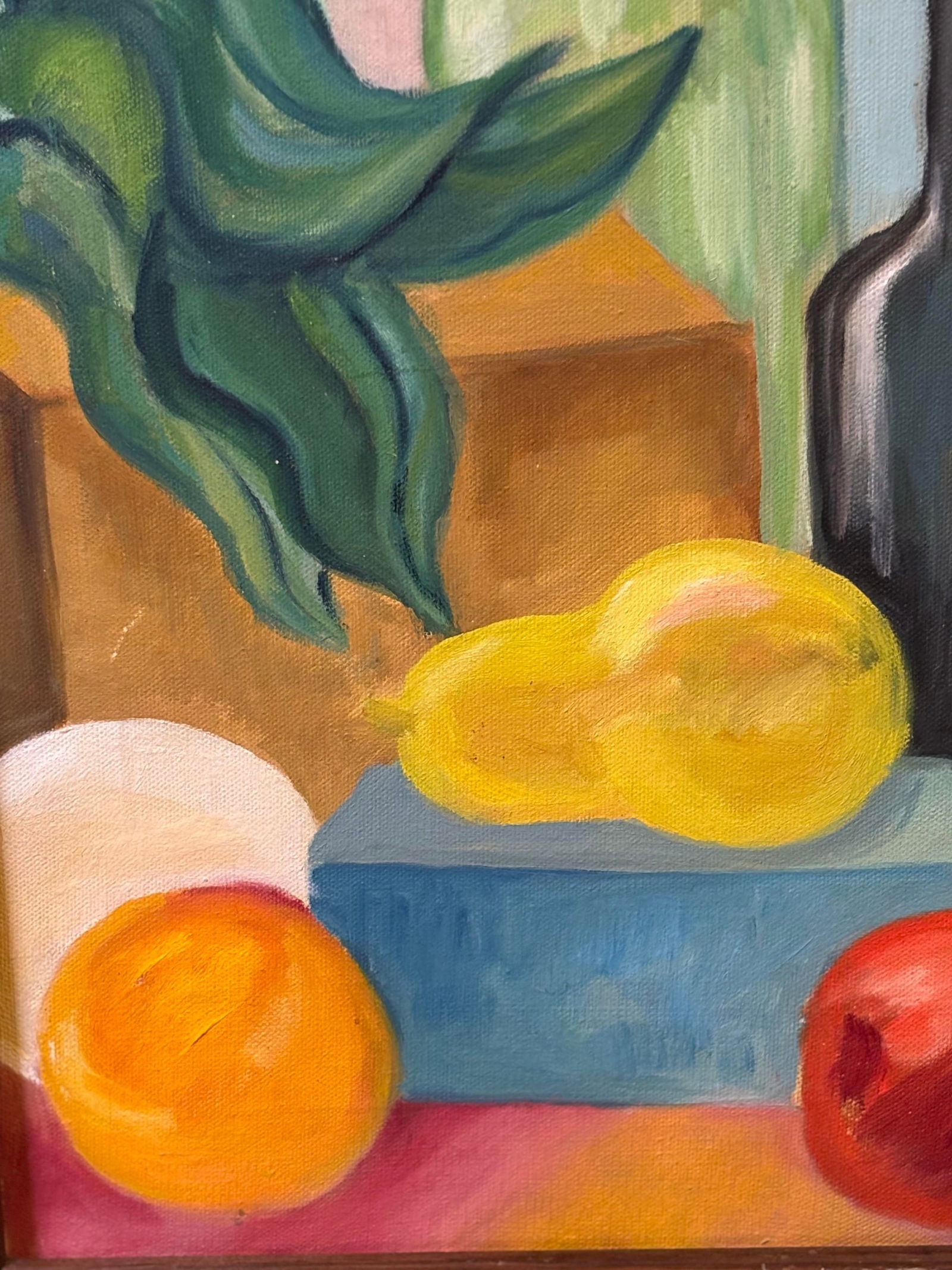 Midcentury Vibrant Colorful Still Life Oil Painting of Bottles and Fruit - 2