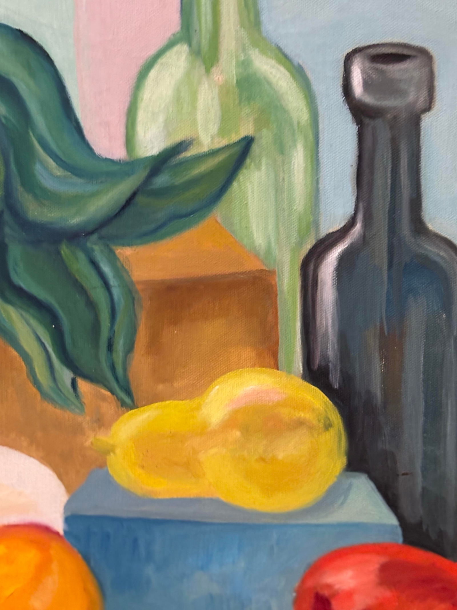 Midcentury Vibrant Colorful Still Life Oil Painting of Bottles and Fruit - 4