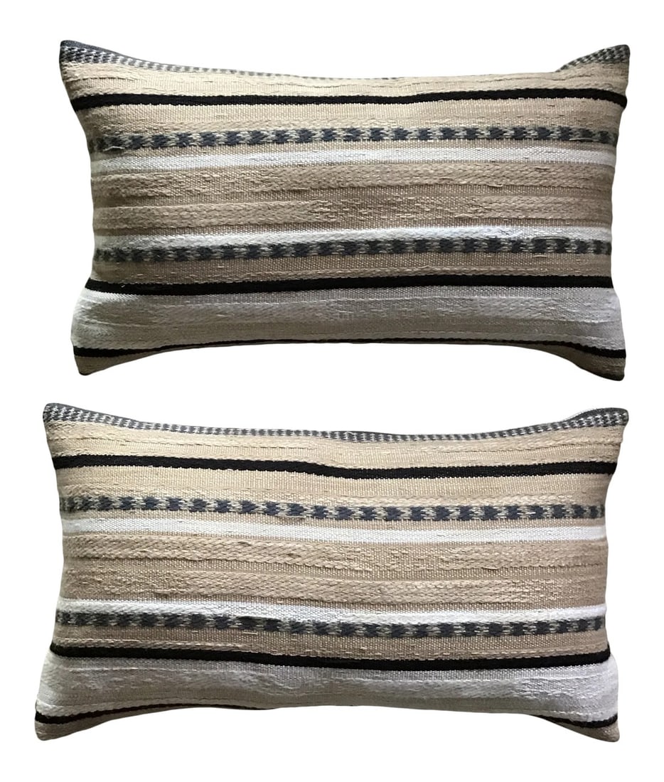 Kravet Lumbar Pillows Serape Blanket Fabric Kravet Couture Fabric Serape Blanket Style Lumbar Pillow: Serape style striped blanket pillow. Fabric is Kravet Couture designed by Andrew Martin. Fabric is imported from Italy. Pair of lumbar pillows 10" x 18" custom made with new down/feather pillow insert