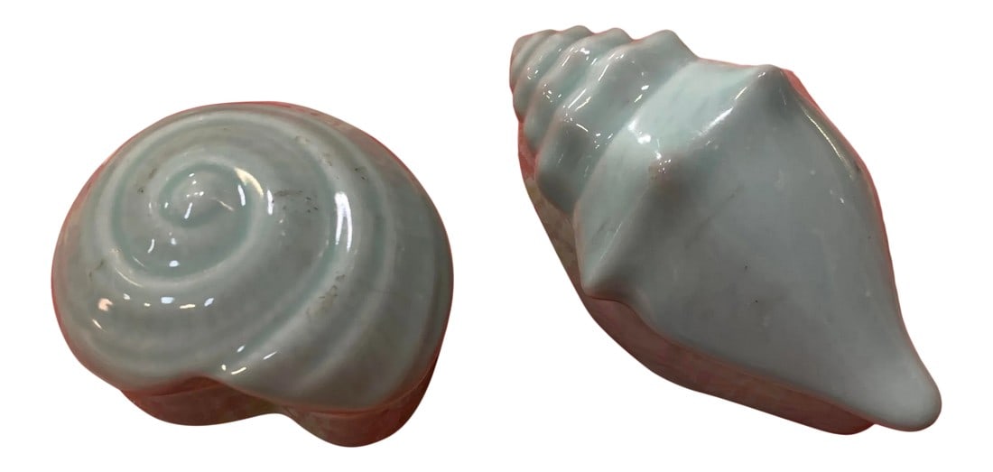 1980s Light Blue Ceramic Seashell Trinket Boxes- a Pair: A pair of blue ceramic seashell trinket boxes/ containers/ holders. They're both rather small. They're large enough to hold jewelry or pocket change. Condition: Alterations: Original Condition