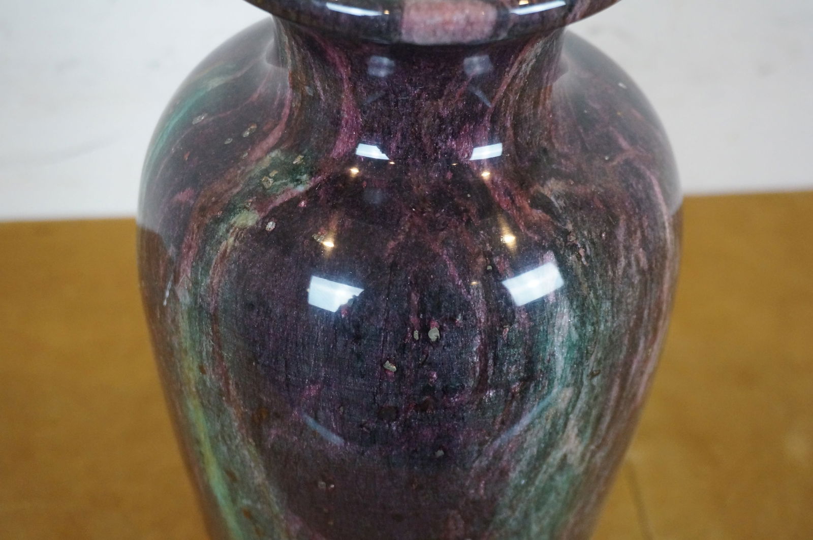 Vintage Chinese Purple & Green Carved Jade Marble Flower Vase - 10