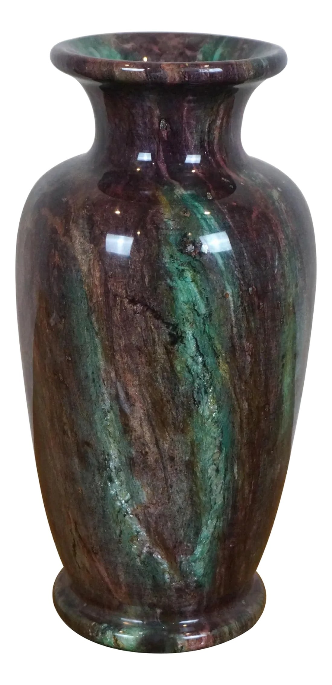 Vintage Chinese Purple & Green Carved Jade Marble Flower Vase: Vintage Chinese carved and polished jade/marble featuring shades of purple and green. Dimensions: 7" x 13" (Diameter x Height) Condition: Alterations: Original Condition Unaltered Imperfections: Some