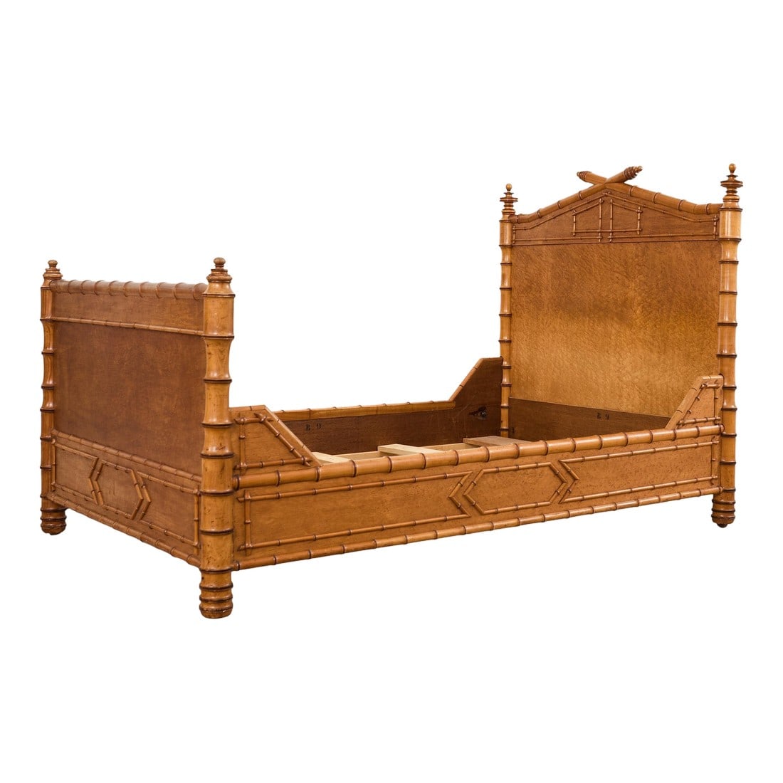 19th Century English Aesthetic Movement Faux Bamboo Maple Bed: Gorgeous late 19th century English aesthetic movement bed beautifully crafted from fruitwood and decorated with birds eye maple veneers. The faux-bamboo frame is highly embellished with geometric bamb