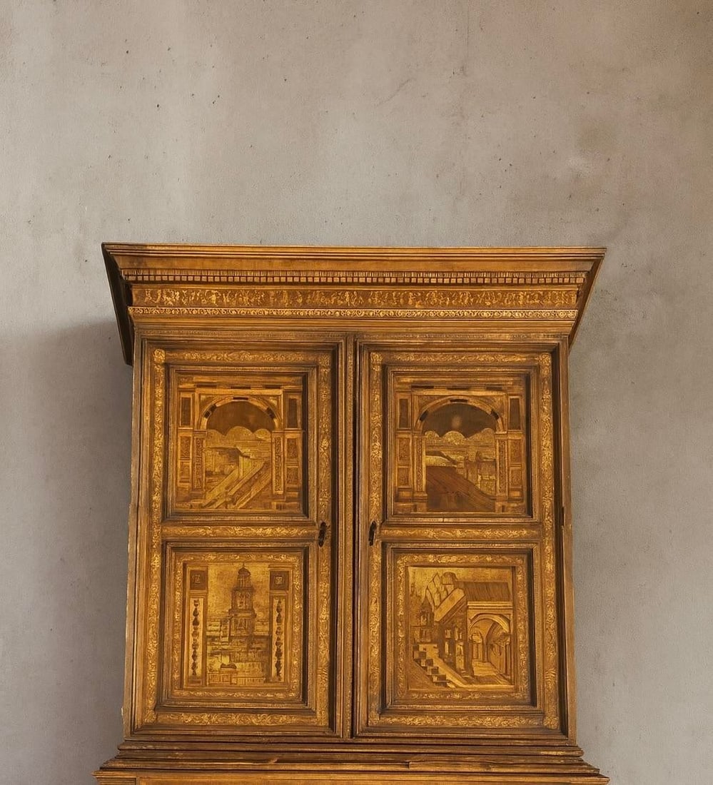 Engraved Italian Art Antique Intricate Armoire With Landscape Scenes Depicted - 2