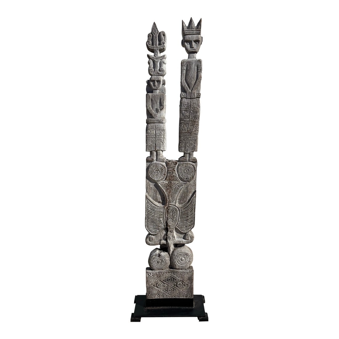 Modern Gray Tall Carved Tribal Style Totem Sculpture: This Modern Gray Tall Carved Totem Sculpture is a striking, gallery-worthy accent that instantly elevates any space. Its elongated silhouette and meticulously carved geometric forms create a bold