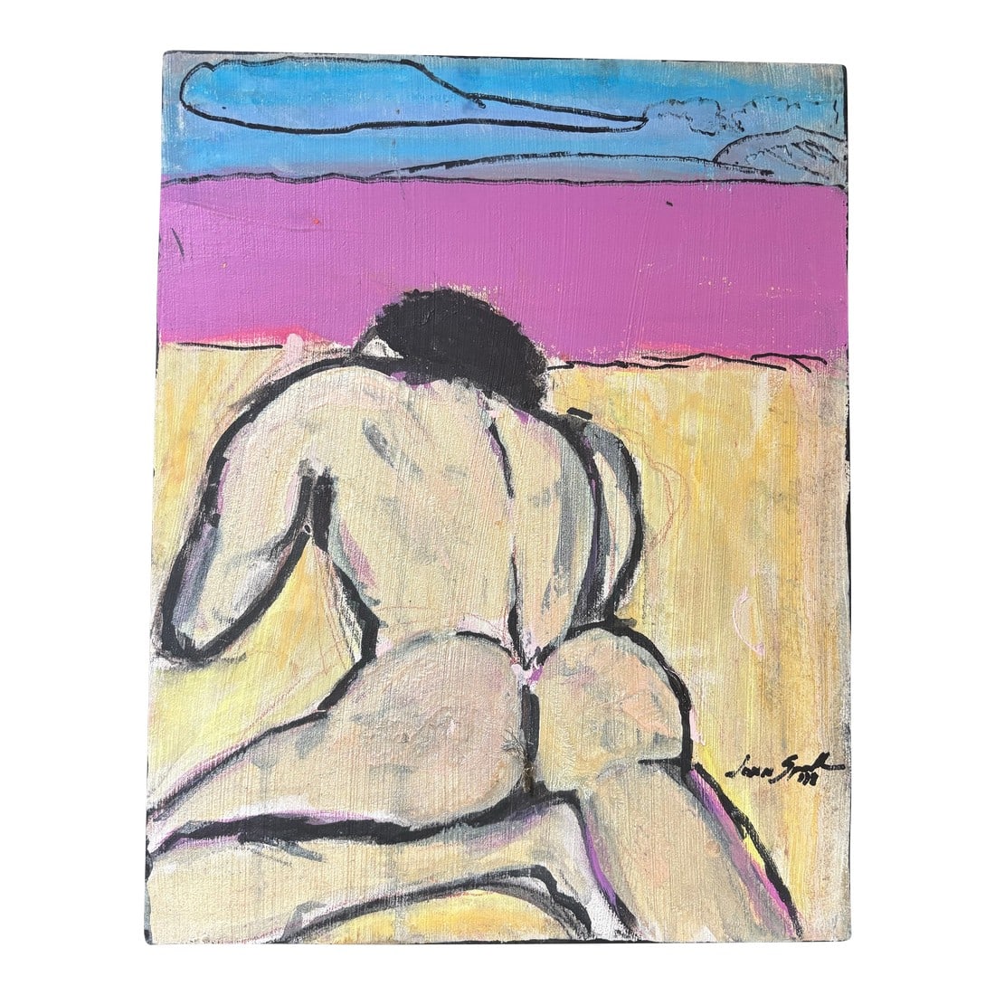 Late 20th Century Mixed Media Modern Rear Figural Nude on Canvas Board: A perfect focal point for modern, minimalist, or eclectic interiors. This artwork is ideal for collectors seeking a unique, conversation-starting piece that adds sophistication and artistic edge to