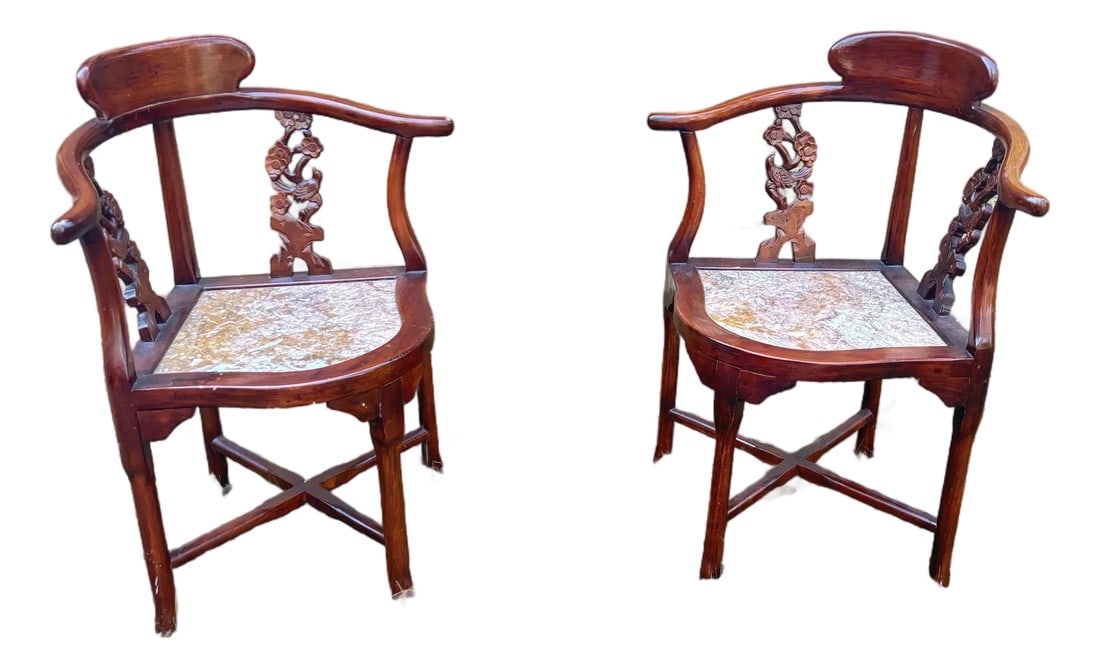 Mid 20th Century Rosewood Horseshoe Chairs With Inlaid Marble Seat Attributed to James Mont, Pair (1 of 8)