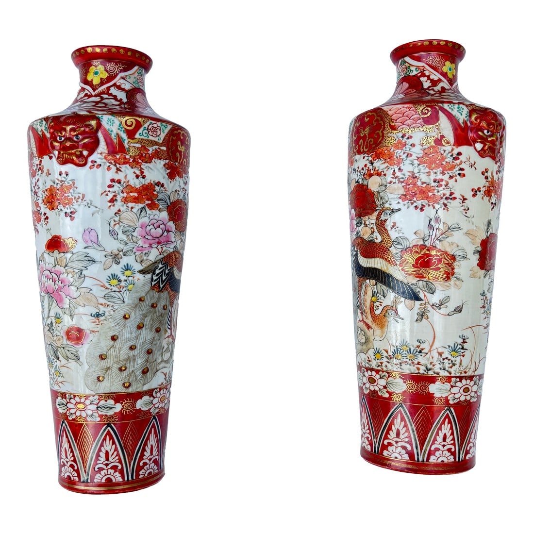 1900s Japanese Kutani Vases From the Meiji Period, Pair: Exquisite examples of traditional Japanese porcelain artistry. Each vase features vibrant hand-painted designs, showcasing intricate motifs, rich colors, and meticulous attention to detail that Kutani