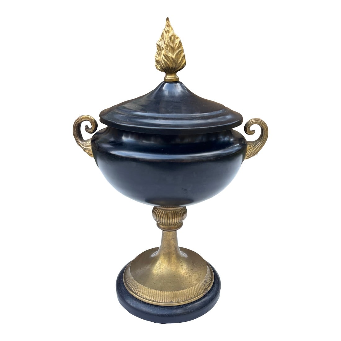 1940's French Neoclassical Style Black and Brass Urn: Its sleek black finish highlights the clean lines and classical proportions characteristic of Neoclassical design, while subtle decorative accents add a touch of ornate charm. Perfect as a statement