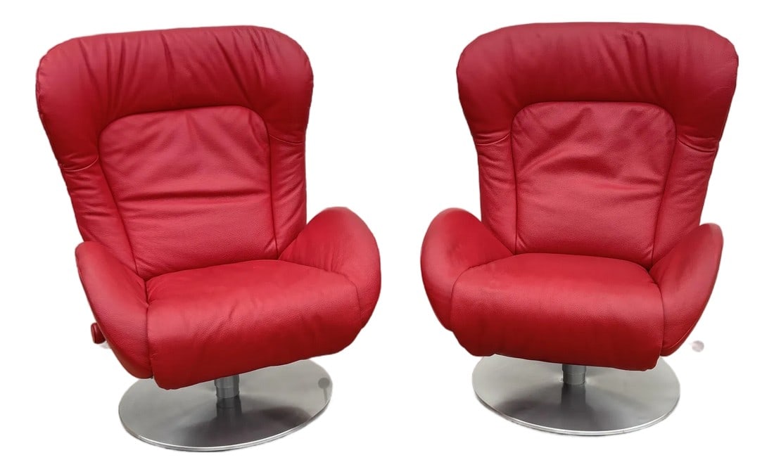 1970s Lafer Pair of Red Leather Reclining Lounge Chairs: Designed with the iconic Lafer blend of sculptural lines and effortless comfort, each chair features supple original leather in a rich, vibrant red that instantly elevates any room. The smooth reclini