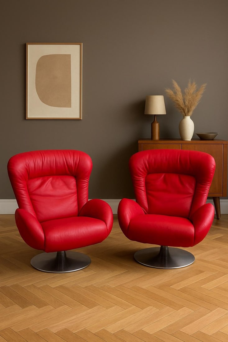 1970s Lafer Pair of Red Leather Reclining Lounge Chairs - 3