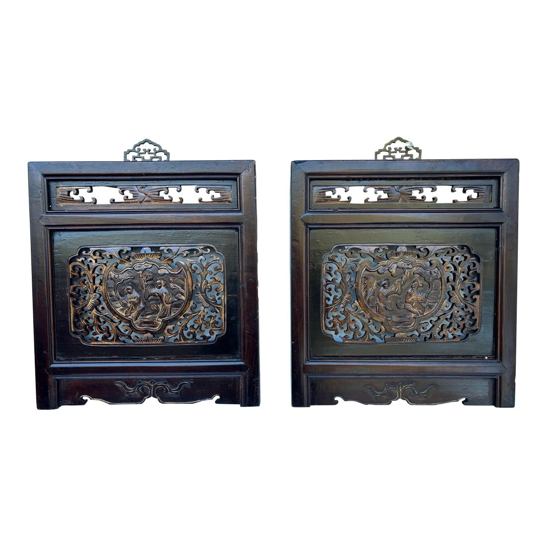 1875 Chinese Hand-Carved Wooden Wall Panels With Gold Accent and Certificate of Antiquity, Pair: each showcasing the masterful craftsmanship of the late Qing Dynasty. Richly detailed with intricate relief carvings, these panels feature traditional motifs and balanced symmetry that highlight