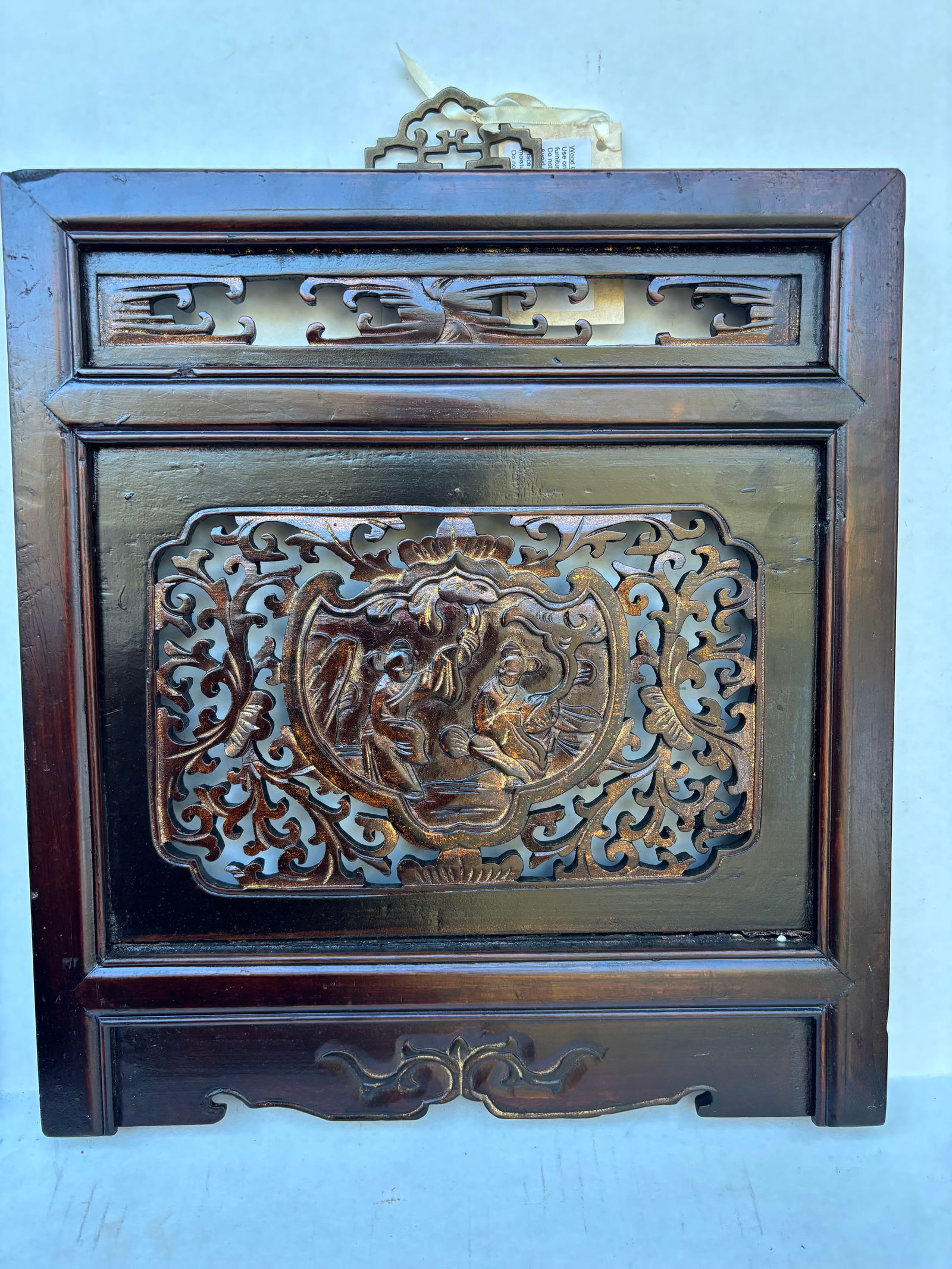 1875 Chinese Hand-Carved Wooden Wall Panels With Gold Accent and Certificate of Antiquity, Pair - 2