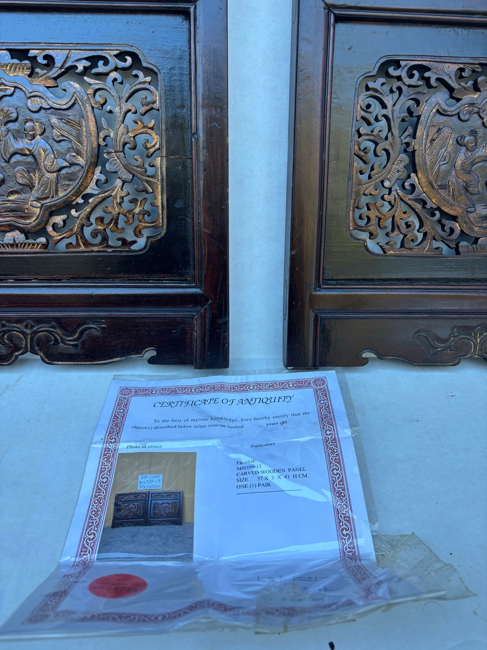 1875 Chinese Hand-Carved Wooden Wall Panels With Gold Accent and Certificate of Antiquity, Pair - 9