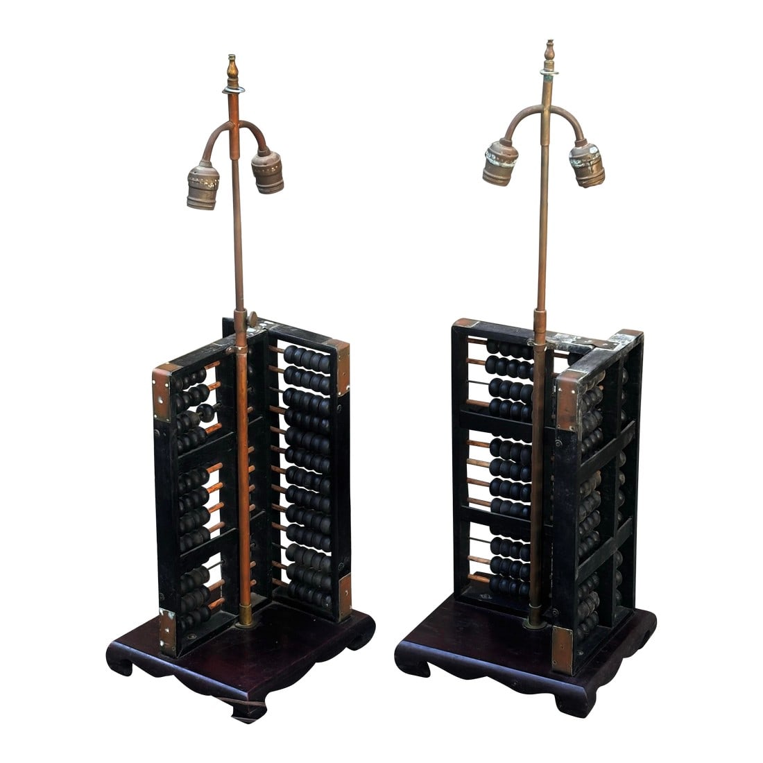 Early 20th Century Chinese Abacus Lamps With Brass Detailing, Pair: These two stand tall and add character and interest to any living space. The bold black color of the abacus makes for a statement piece unlike any other! A striking fusion of history, craftsmanship,