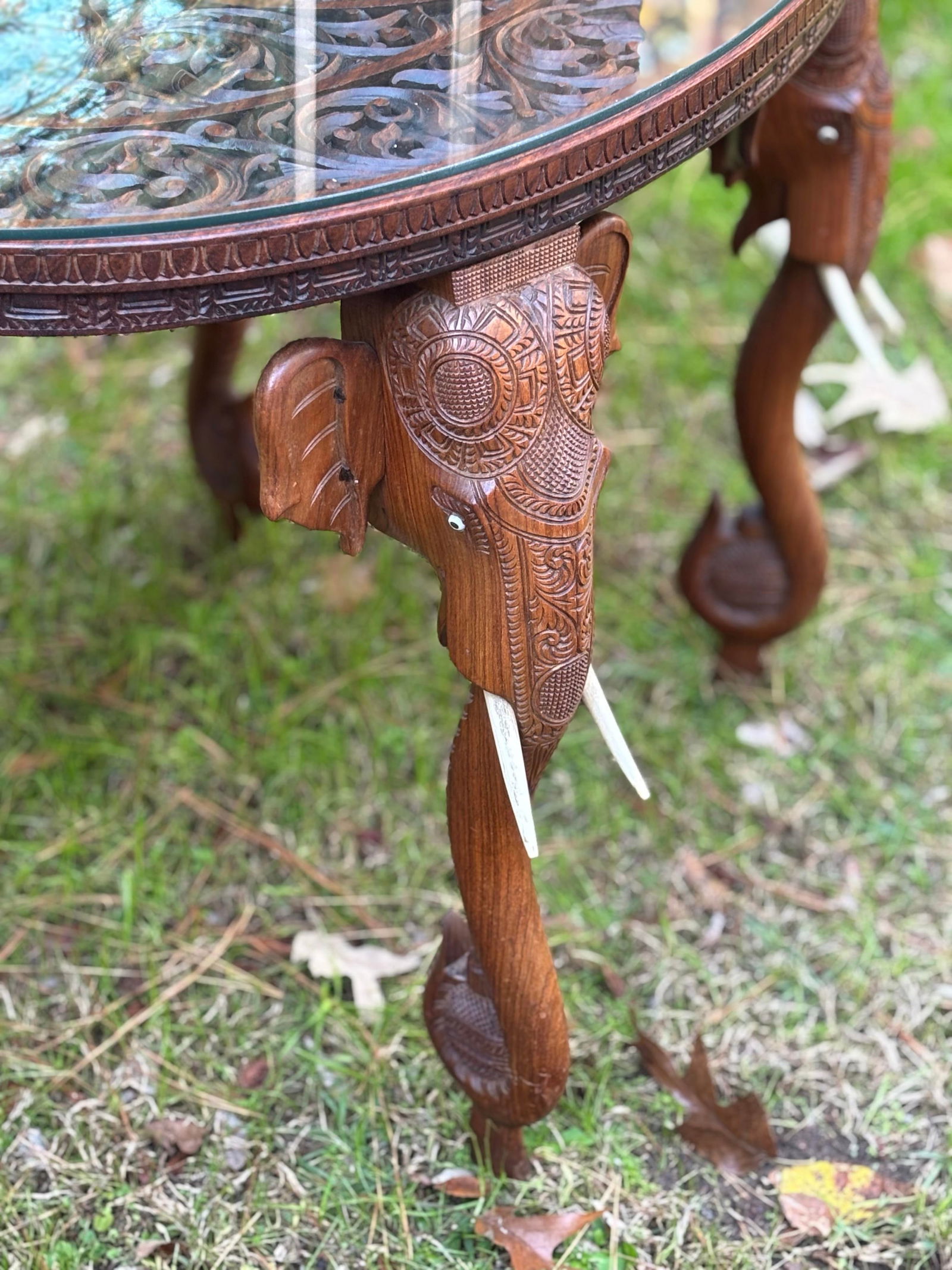 Antique Anglo-Indian Hand Carved Elephant Head Figures, Glass Top Oval Table - 2