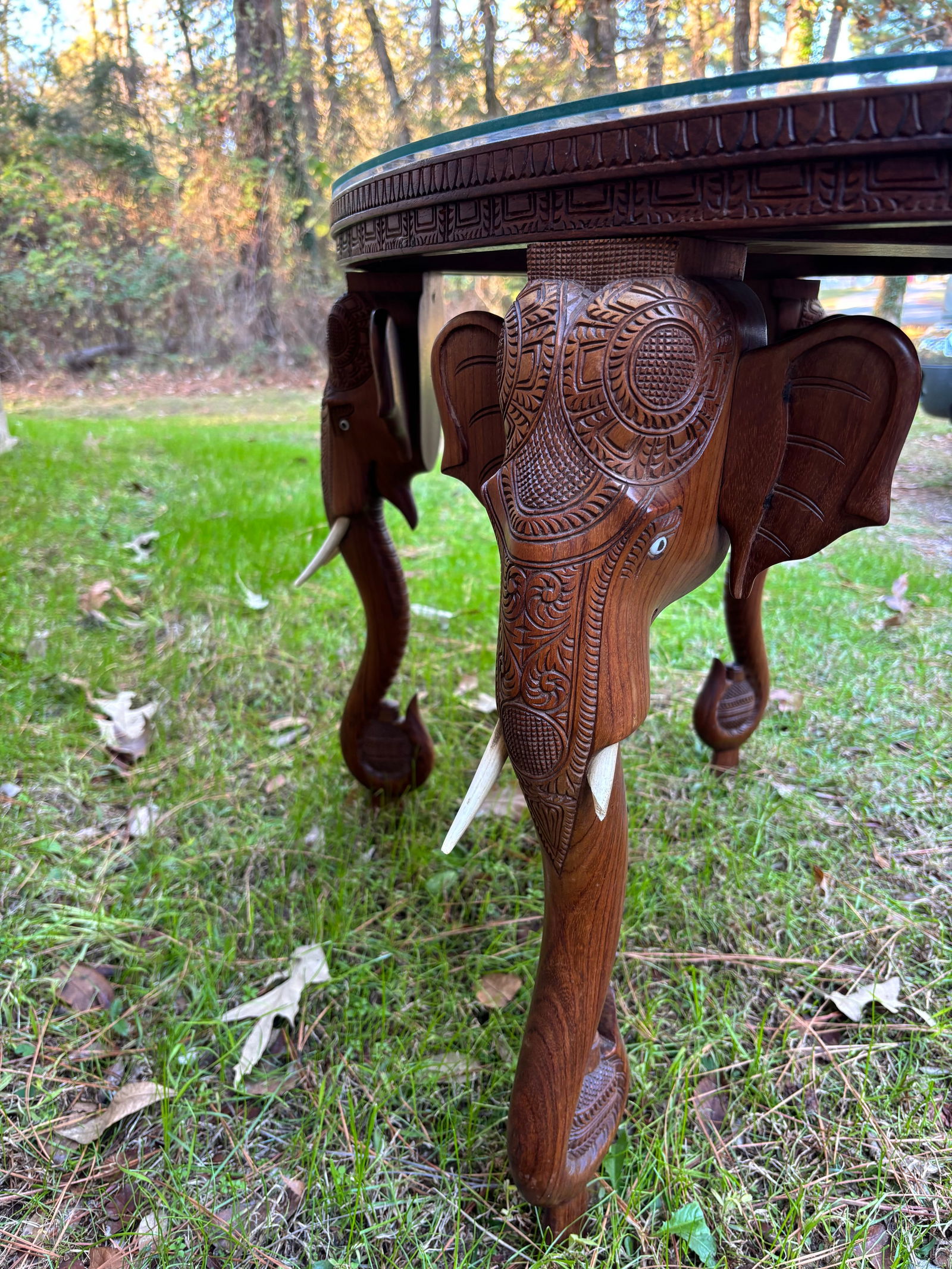 Antique Anglo-Indian Hand Carved Elephant Head Figures, Glass Top Oval Table - 7