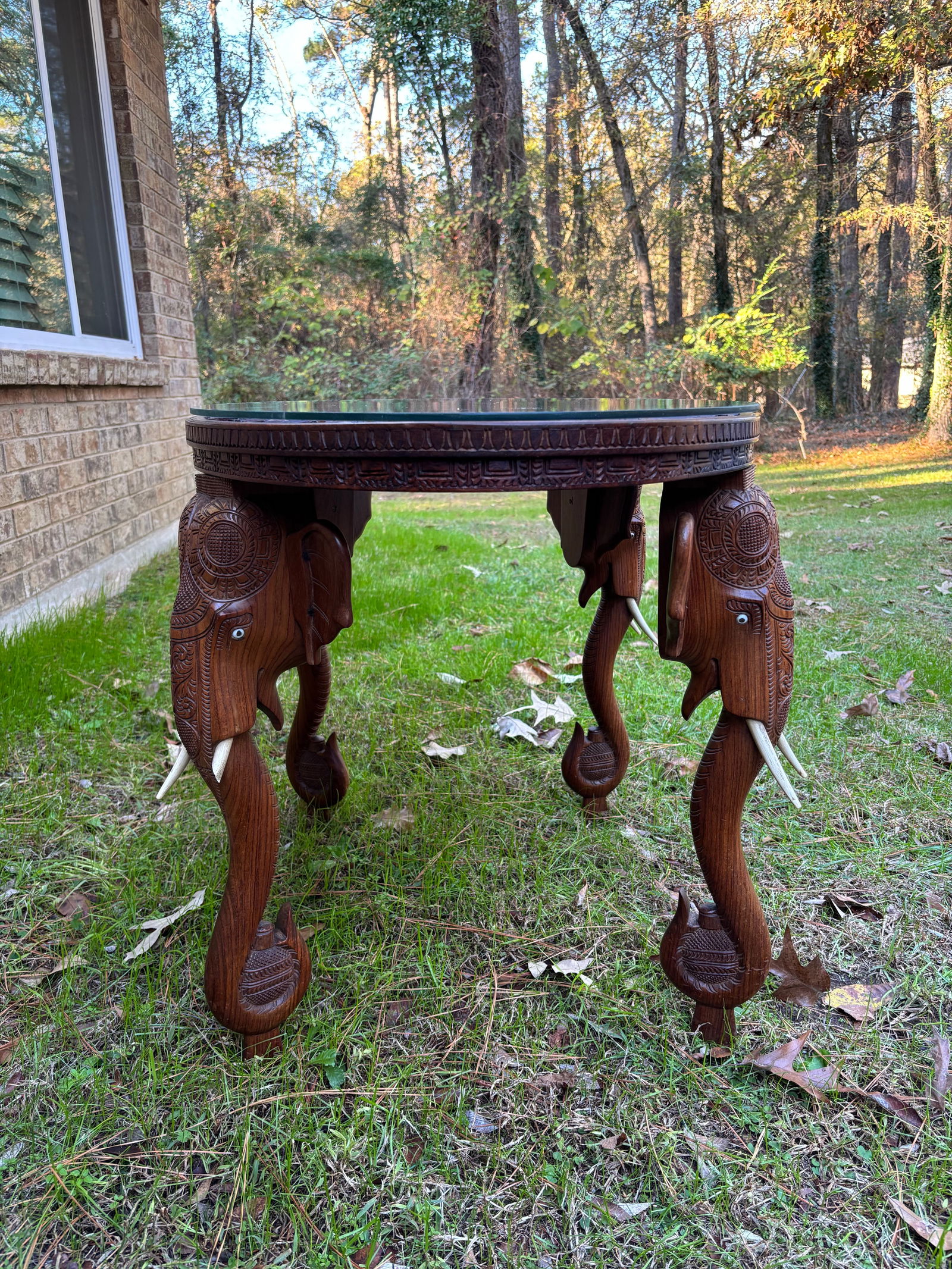 Antique Anglo-Indian Hand Carved Elephant Head Figures, Glass Top Oval Table - 8