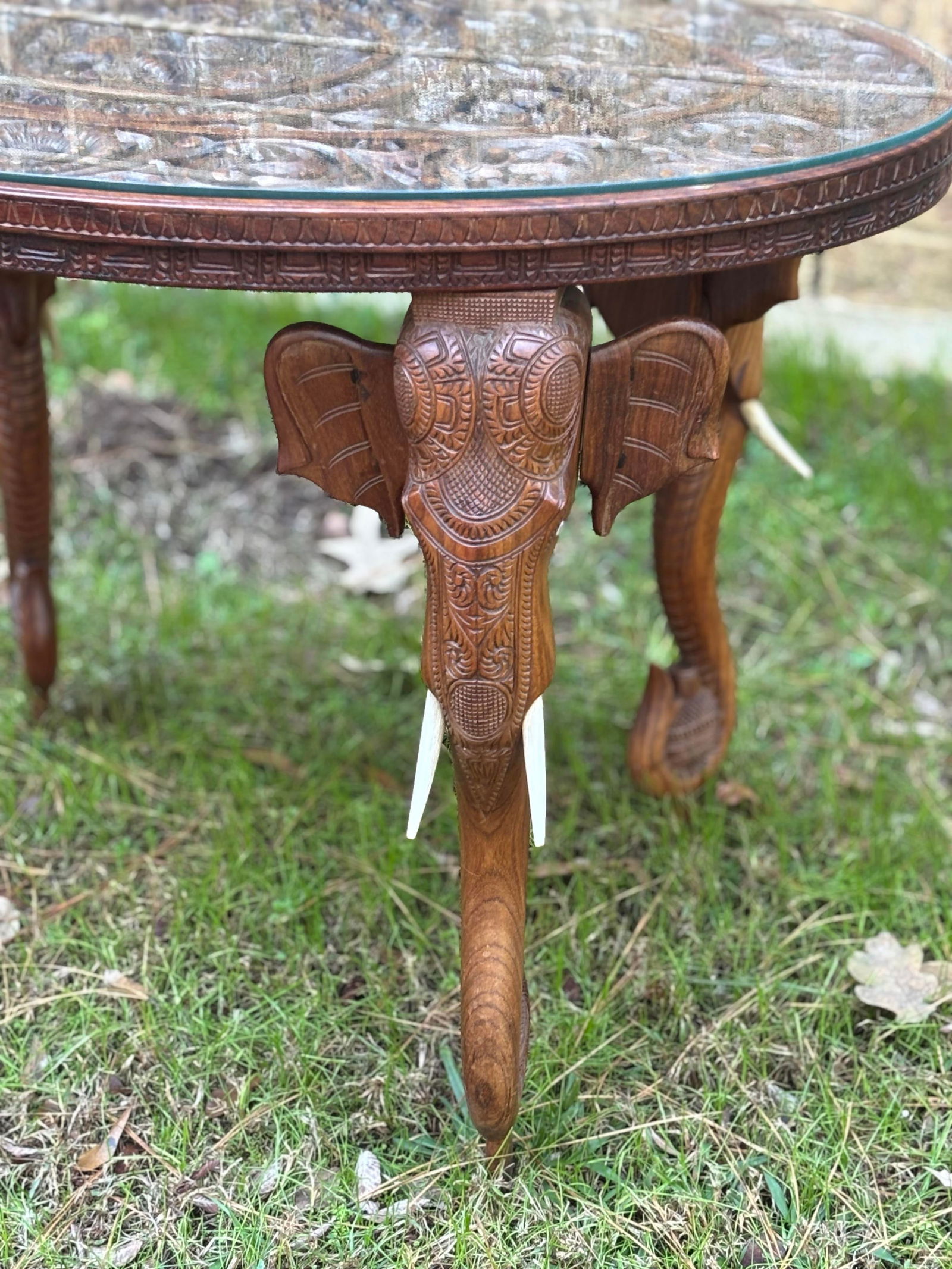Antique Anglo-Indian Hand Carved Elephant Head Figures, Glass Top Oval Table - 9
