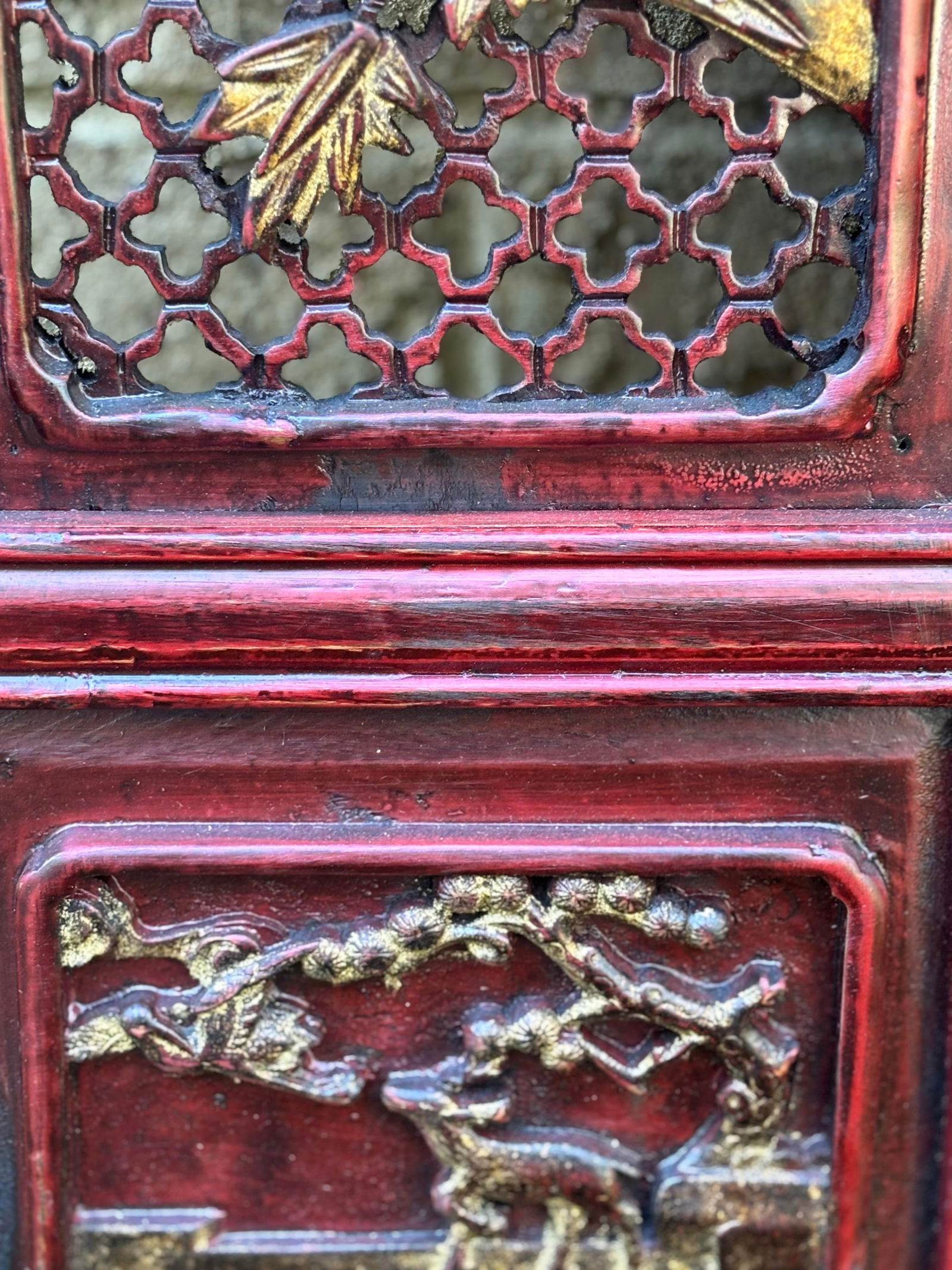 1875 Chinese Red Intricate Wooden Carved Door Panels in Gold, a Pair - 4