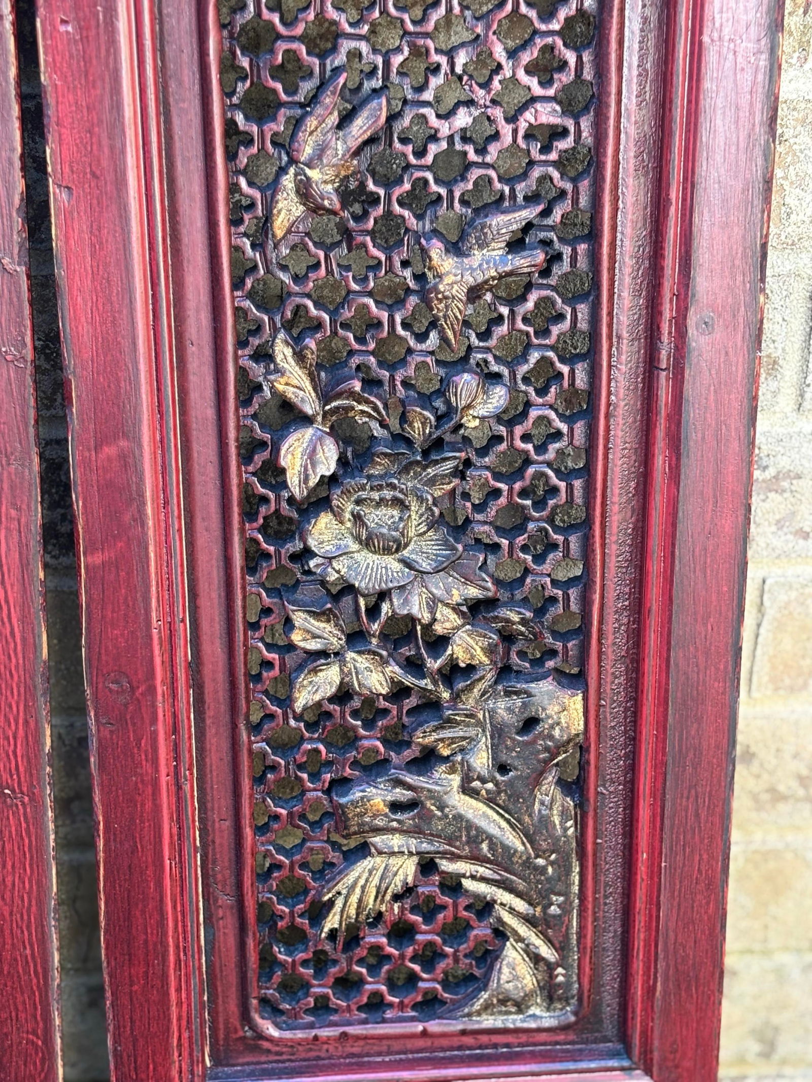 1875 Chinese Red Intricate Wooden Carved Door Panels in Gold, a Pair - 7