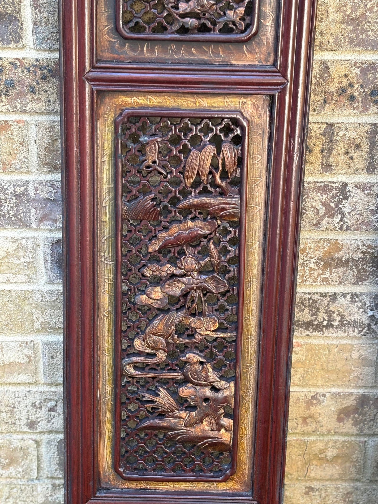 1875 Chinese Red Intricate Wooden Carved Door Panels in Gold Color Accent, a Pair - 2