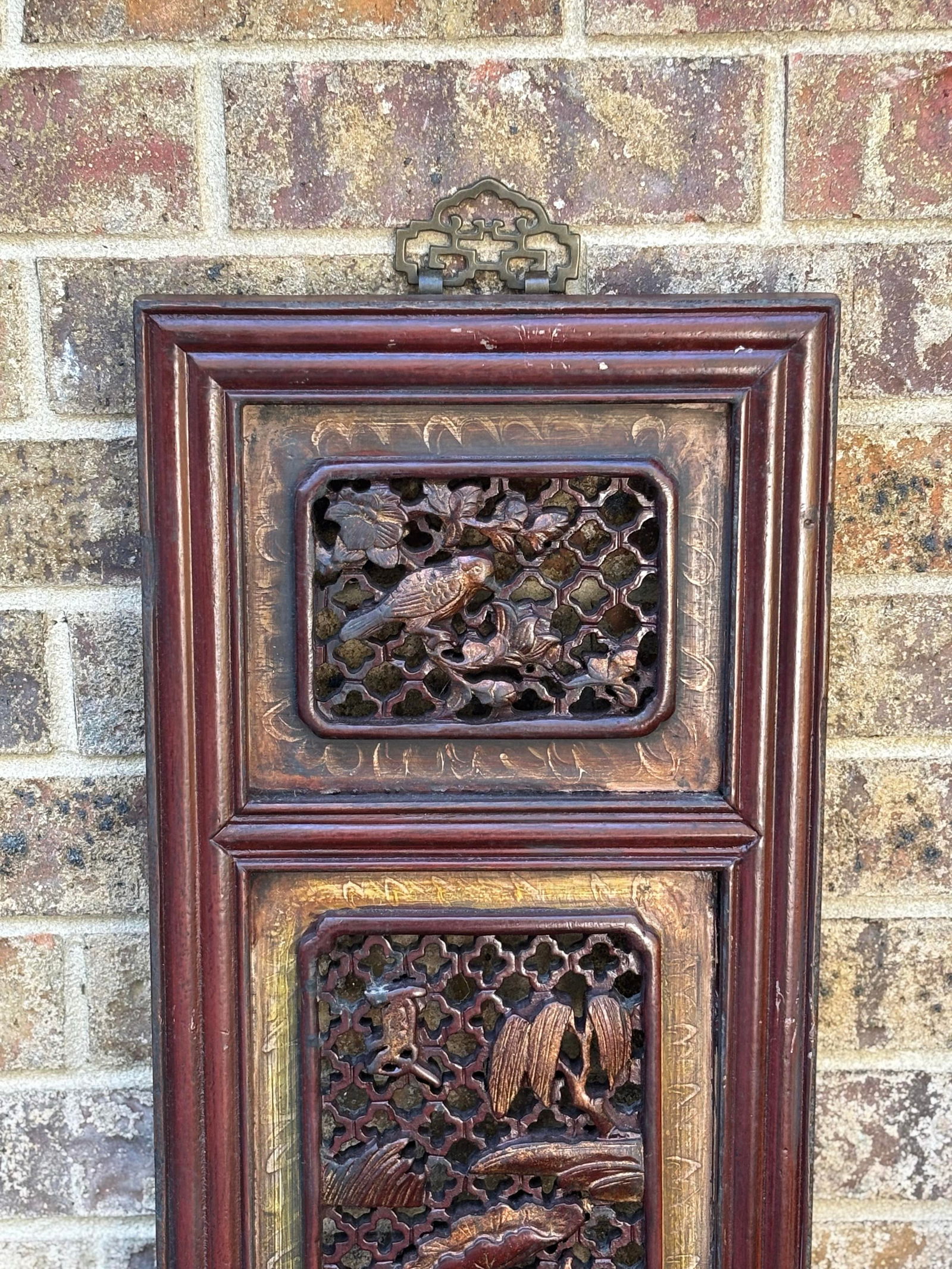 1875 Chinese Red Intricate Wooden Carved Door Panels in Gold Color Accent, a Pair - 3
