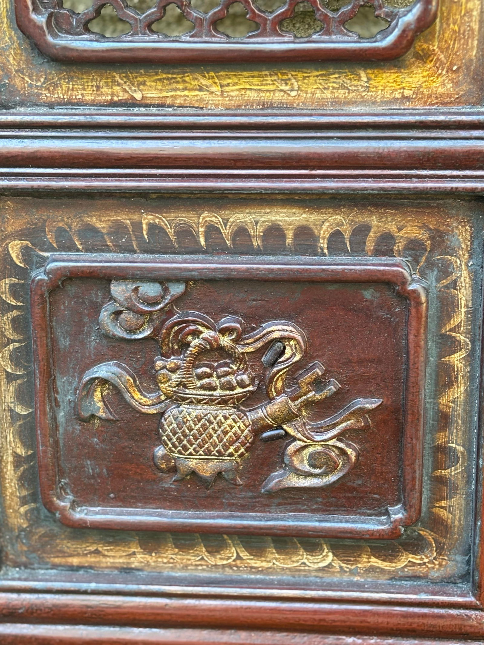 1875 Chinese Red Intricate Wooden Carved Door Panels in Gold Color Accent, a Pair - 4