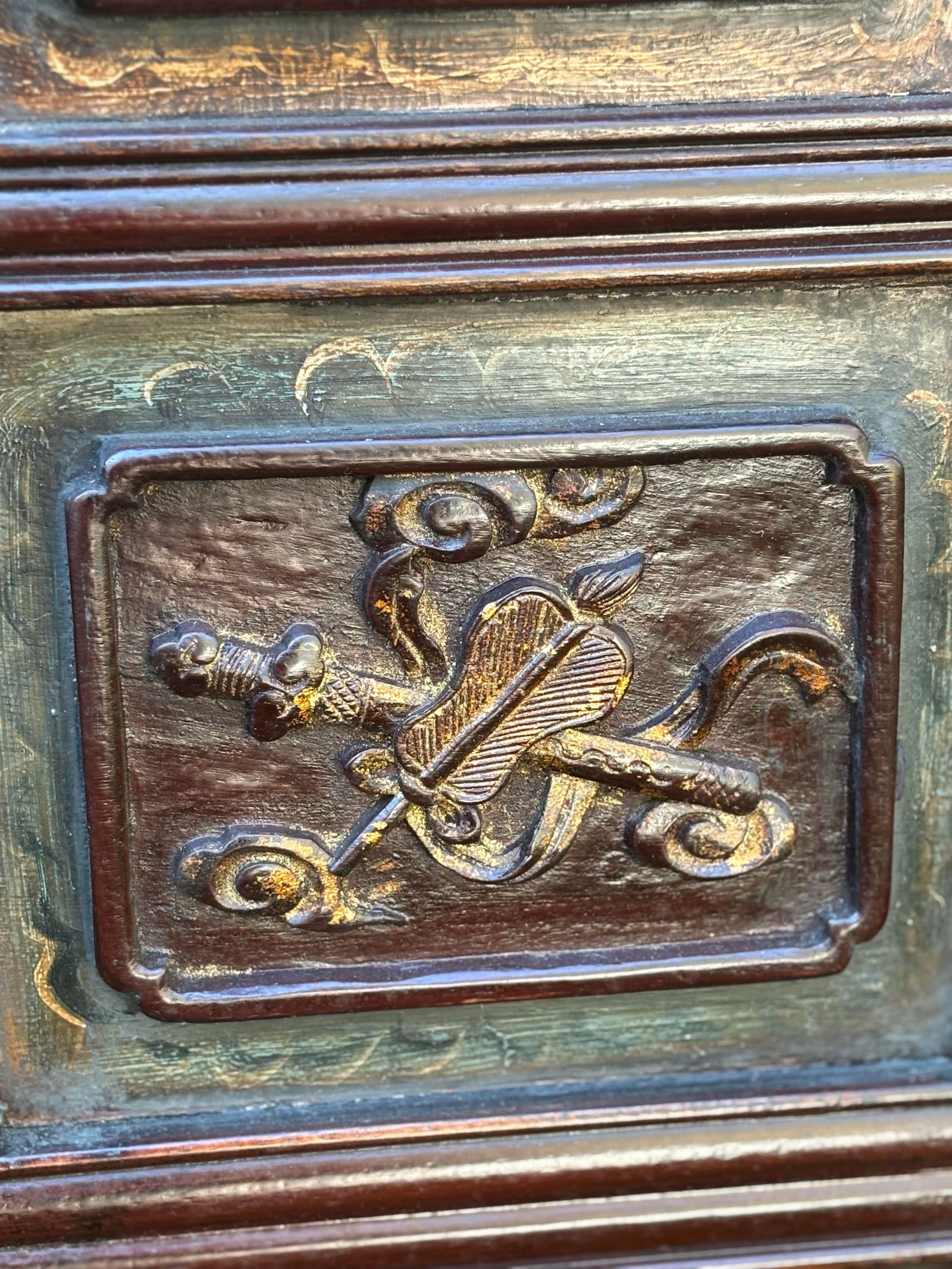 1875 Chinese Red Intricate Wooden Carved Door Panels in Gold Color Accent, a Pair - 5