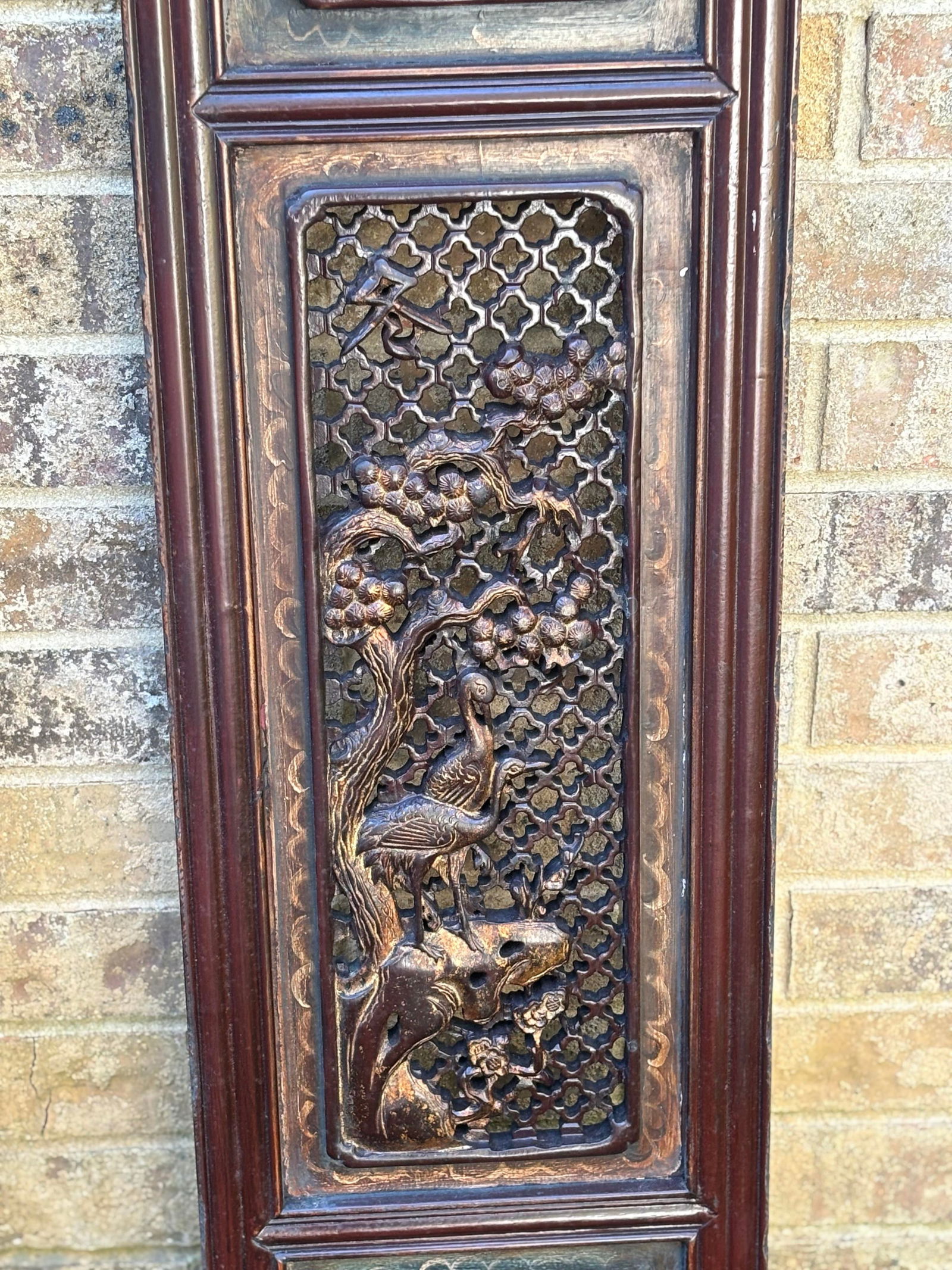 1875 Chinese Red Intricate Wooden Carved Door Panels in Gold Color Accent, a Pair - 6