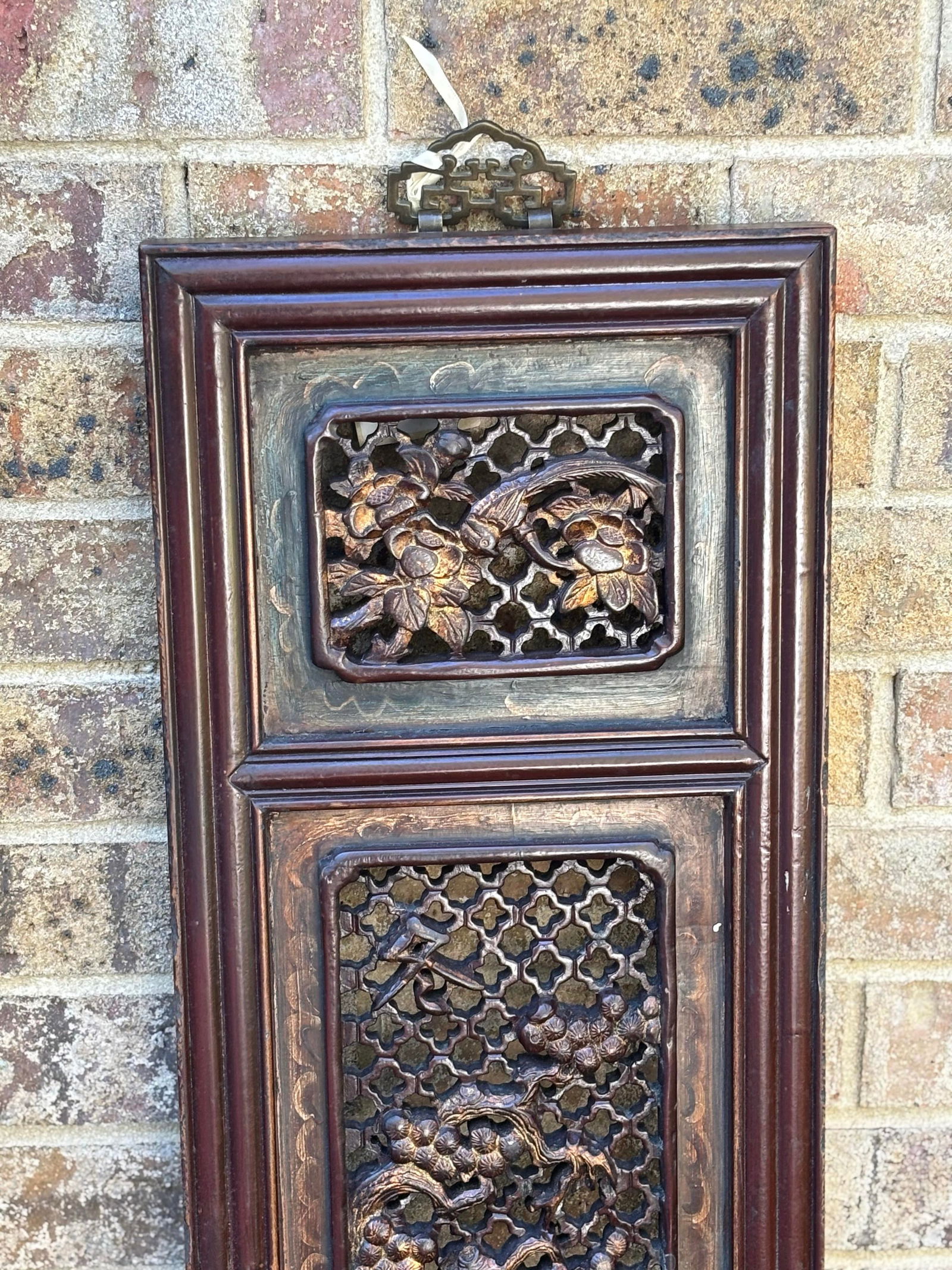 1875 Chinese Red Intricate Wooden Carved Door Panels in Gold Color Accent, a Pair - 7